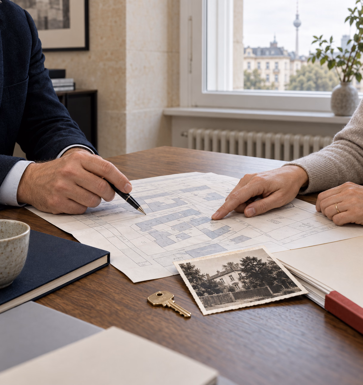 Zwei Personen am Schreibtisch über einem Lageplan, daneben ein altes Foto eines Hauses und ein Schlüssel