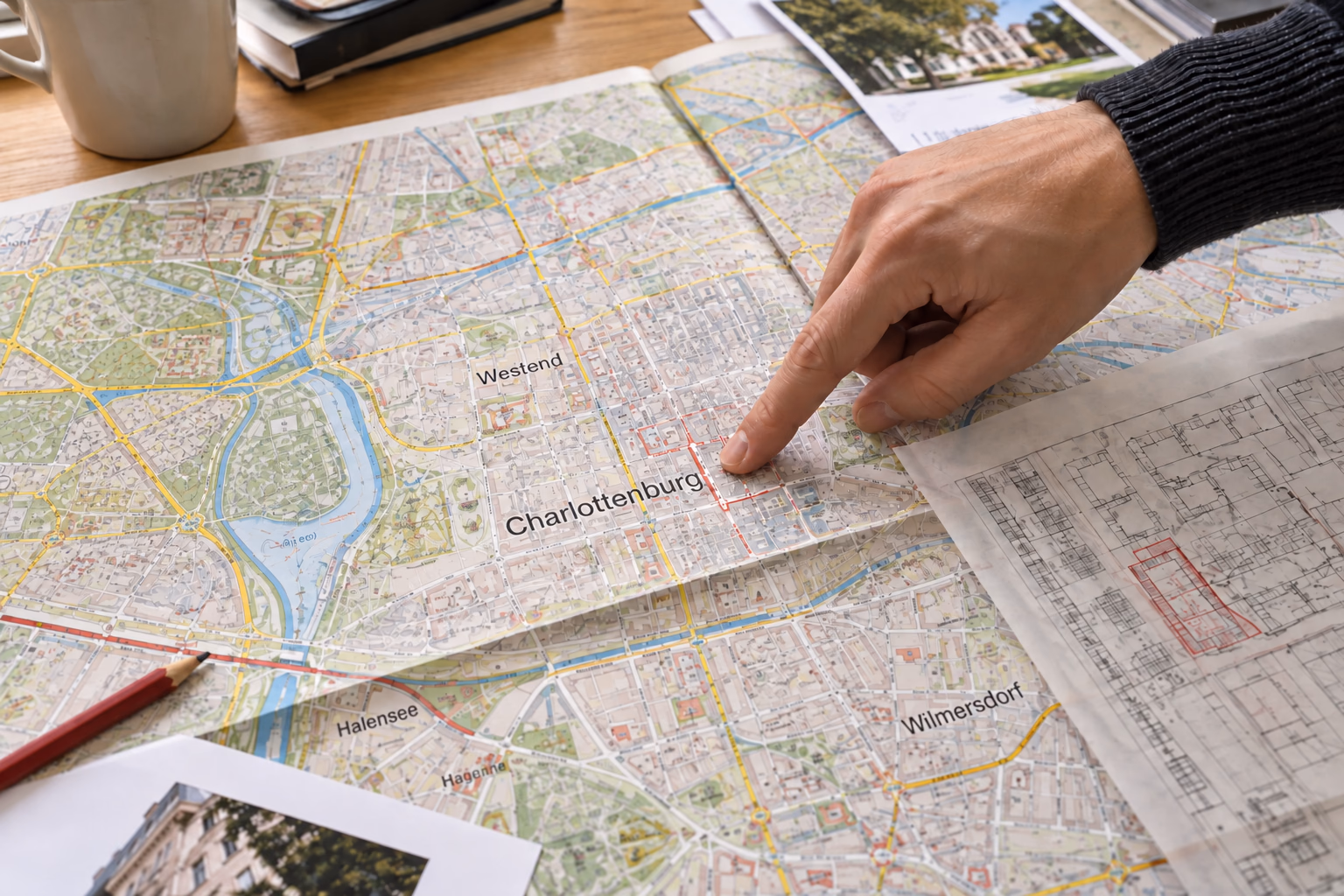 Hand zeigt auf einem Stadtplan auf Charlottenburg, daneben ein Lageplan mit markiertem Grundstück