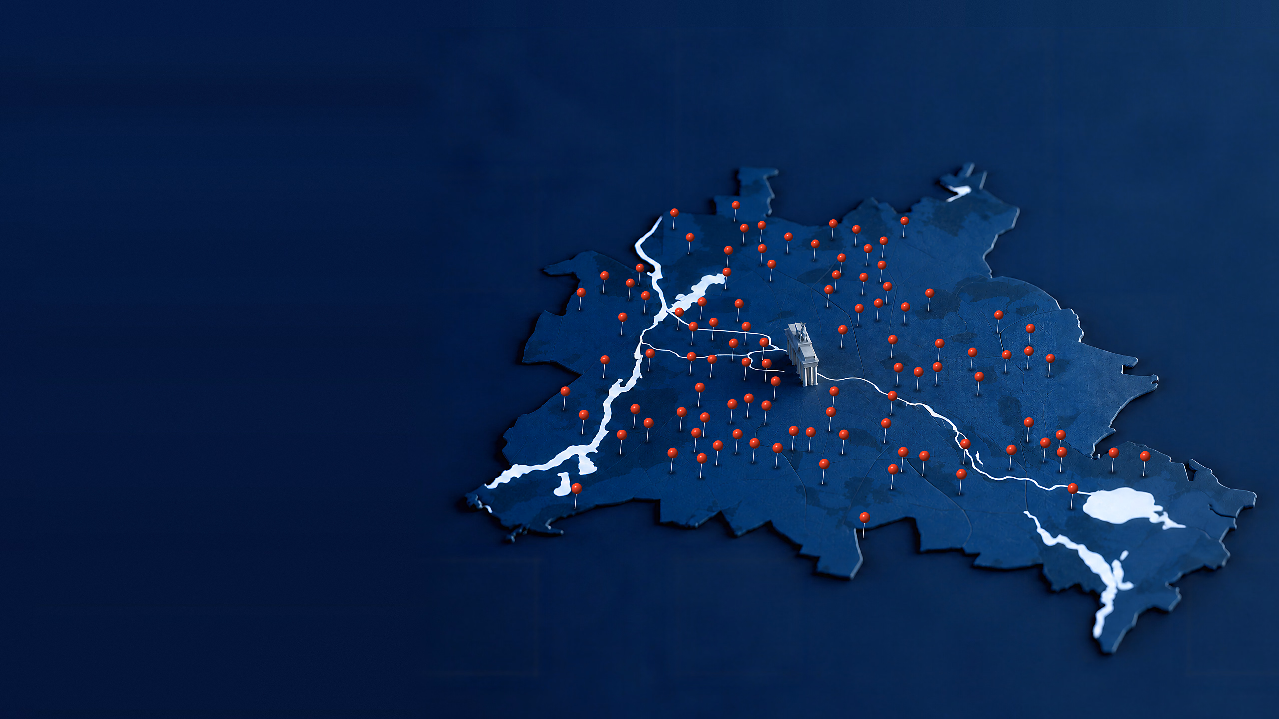 Reliefkarte von Berlin mit roten Stecknadeln, etwas näher herangefahren