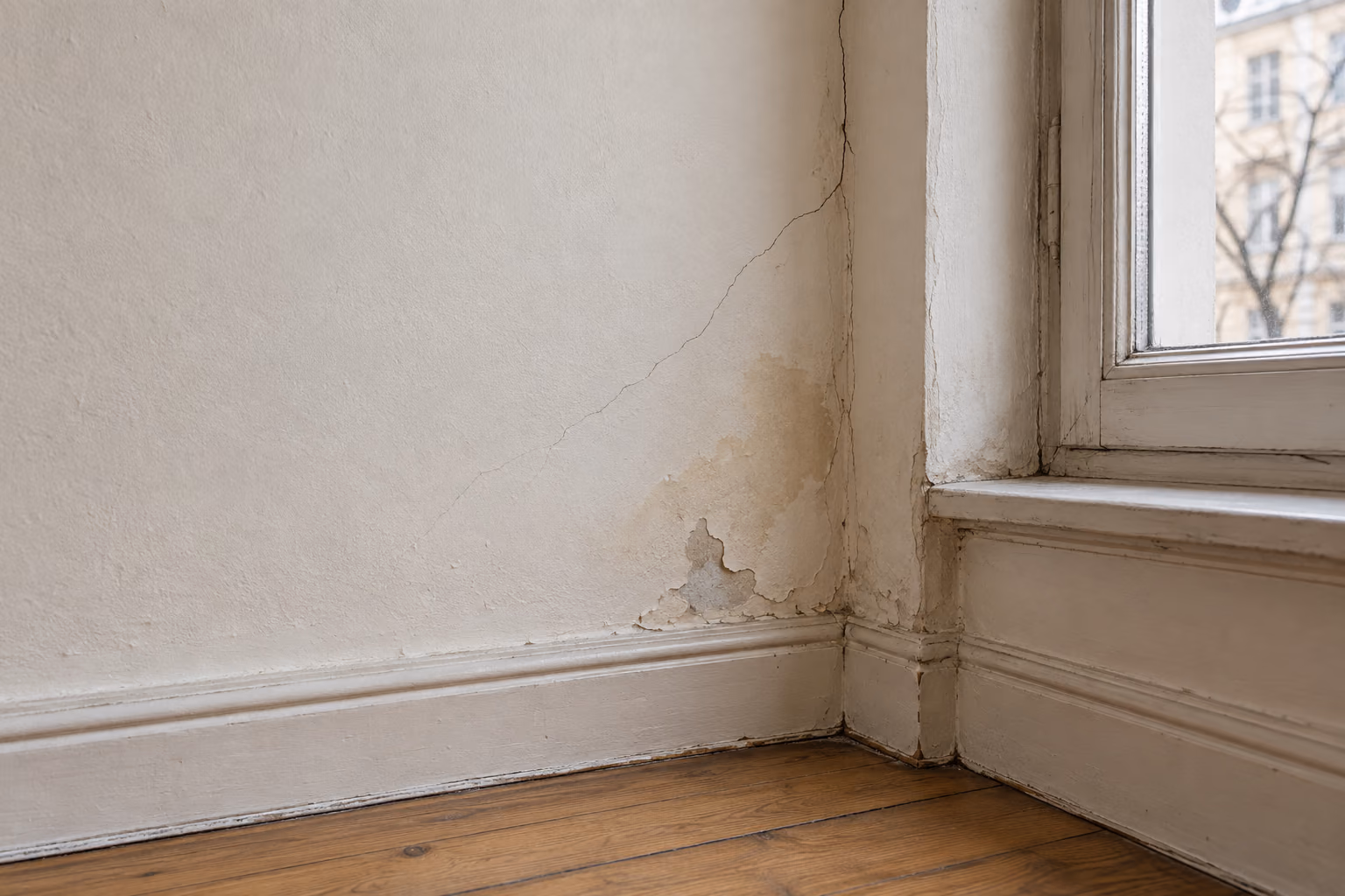 Illustration: Riss und Feuchtigkeitsspuren am Fensteranschluss.