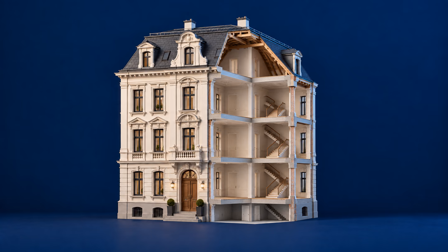 Architekturmodell als Schnittmodell mit sichtbarer Bausubstanz und Innenräumen.