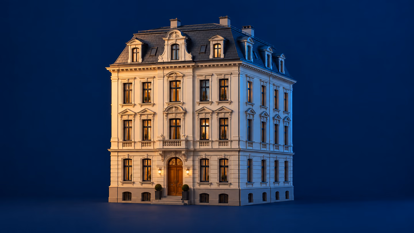 Architekturmodell eines Hauses, von zwei Seiten unterschiedlich beleuchtet.