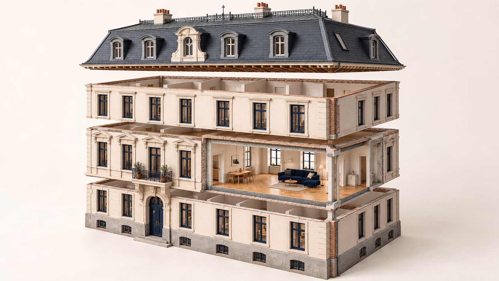 Illustratives Architekturmodell mit voneinander abgehobenen Geschossen.