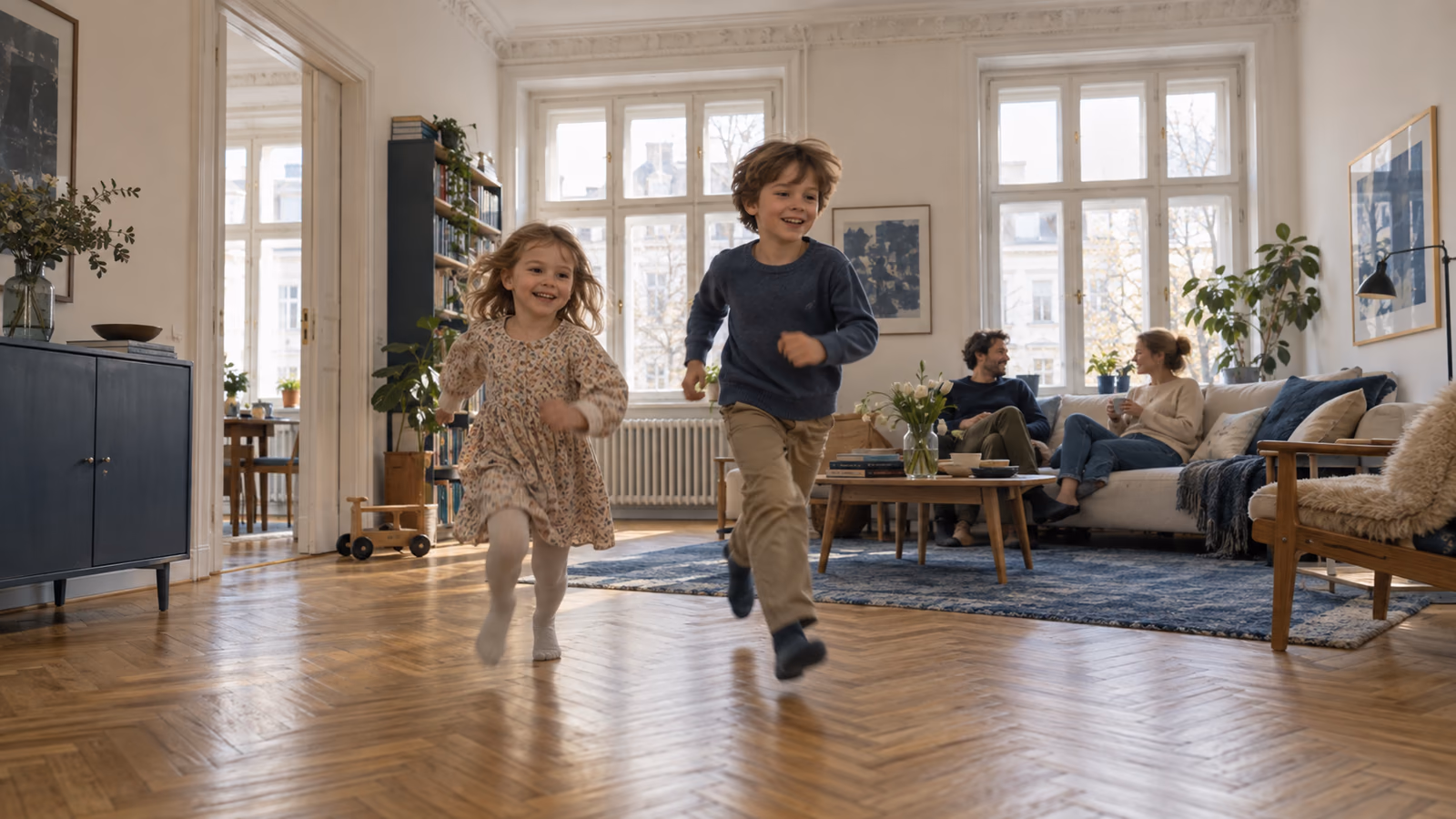 Illustration: Kinder laufen durch eine bewohnte Altbauwohnung, Erwachsene sitzen im Hintergrund.