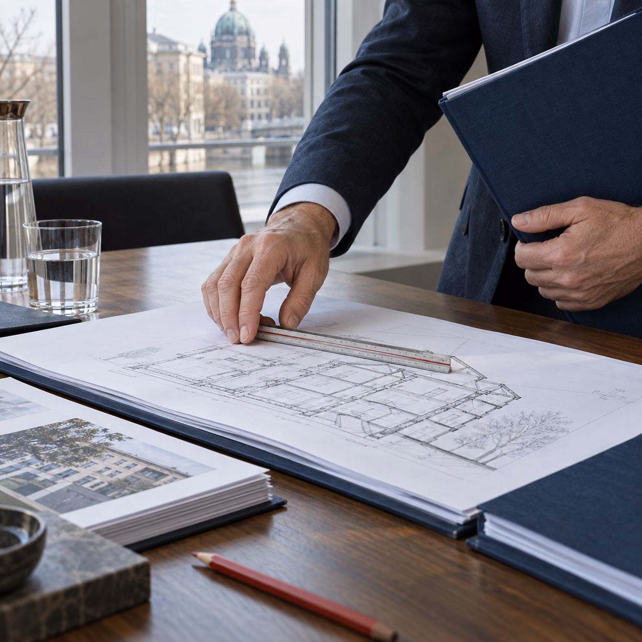 Sachverständiger prüft ein Bewertungsdossier mit Bauzeichnung.