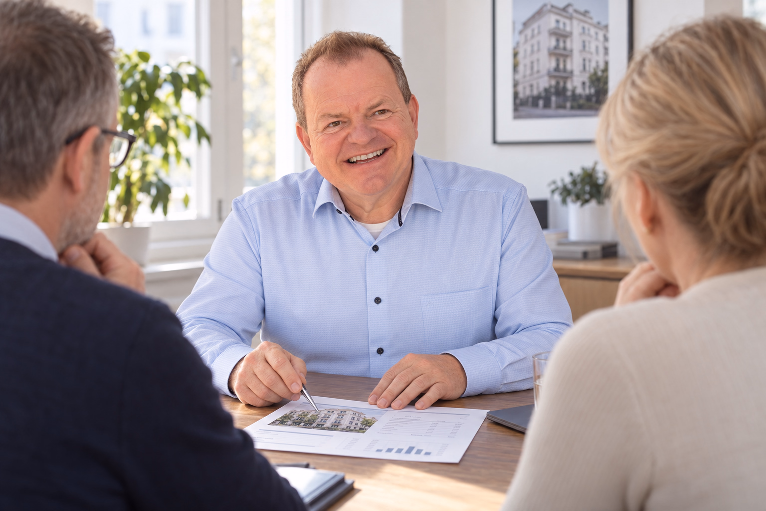 Oliver Preikschat berät ein Paar zu einer sachlichen Einigung über gemeinsames Immobilieneigentum.