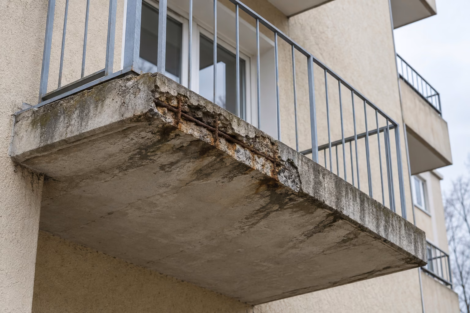 Betonbalkon an einem Wohnhaus von unten gesehen, mit abgeplatzter Kante, freiliegender rostiger Bewehrung und Wasserspuren.