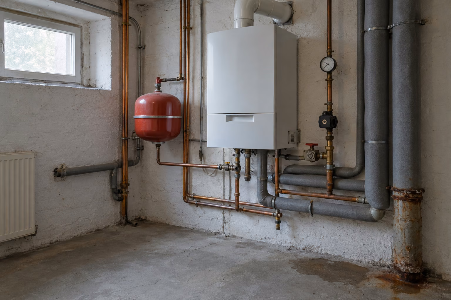 Heizungsraum im Keller eines älteren Hauses mit Gasheizung, rotem Ausdehnungsgefäß, Kupferleitungen und einem rostigen Rohr.