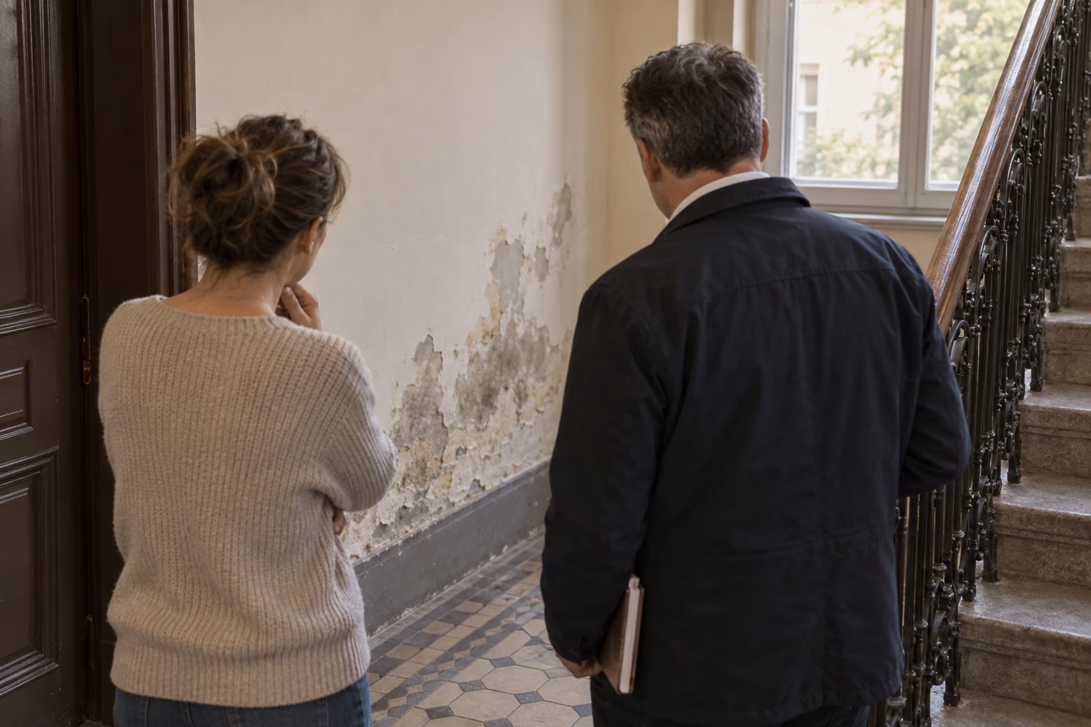 Ein Mann und eine Frau, beide von hinten gesehen, betrachten in einem Altbautreppenhaus einen feuchten Fleck mit abblätternder Farbe an der Wand.