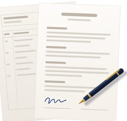 Gezeichneter Grundbuchauszug und Mietvertrag, übereinandergelegt, mit einem Füller neben dem Unterschriftsfeld