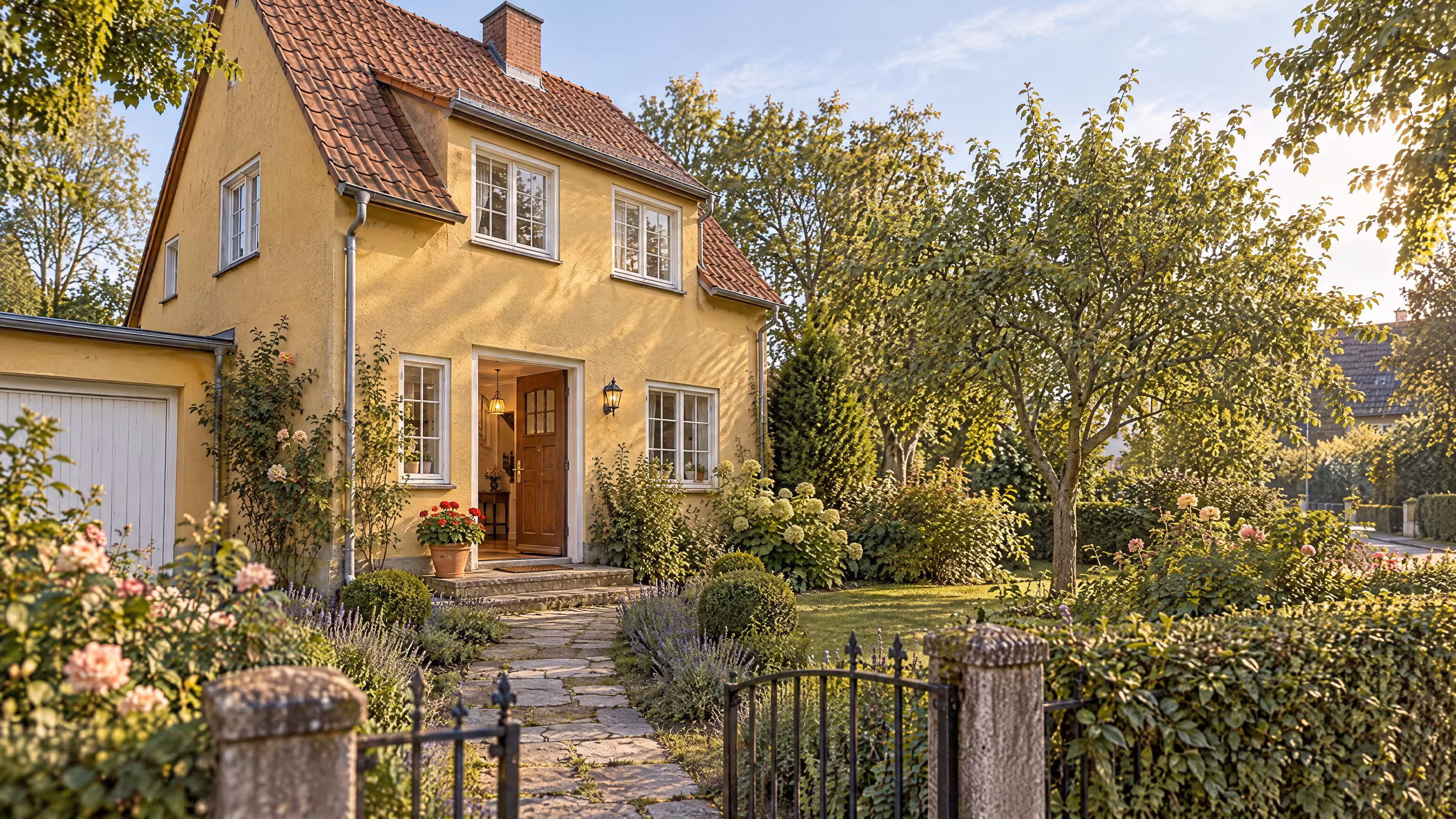 Illustratives Motiv: ein Wohnhaus mit offener Haustür, Vorgarten und Weg aus Steinplatten.