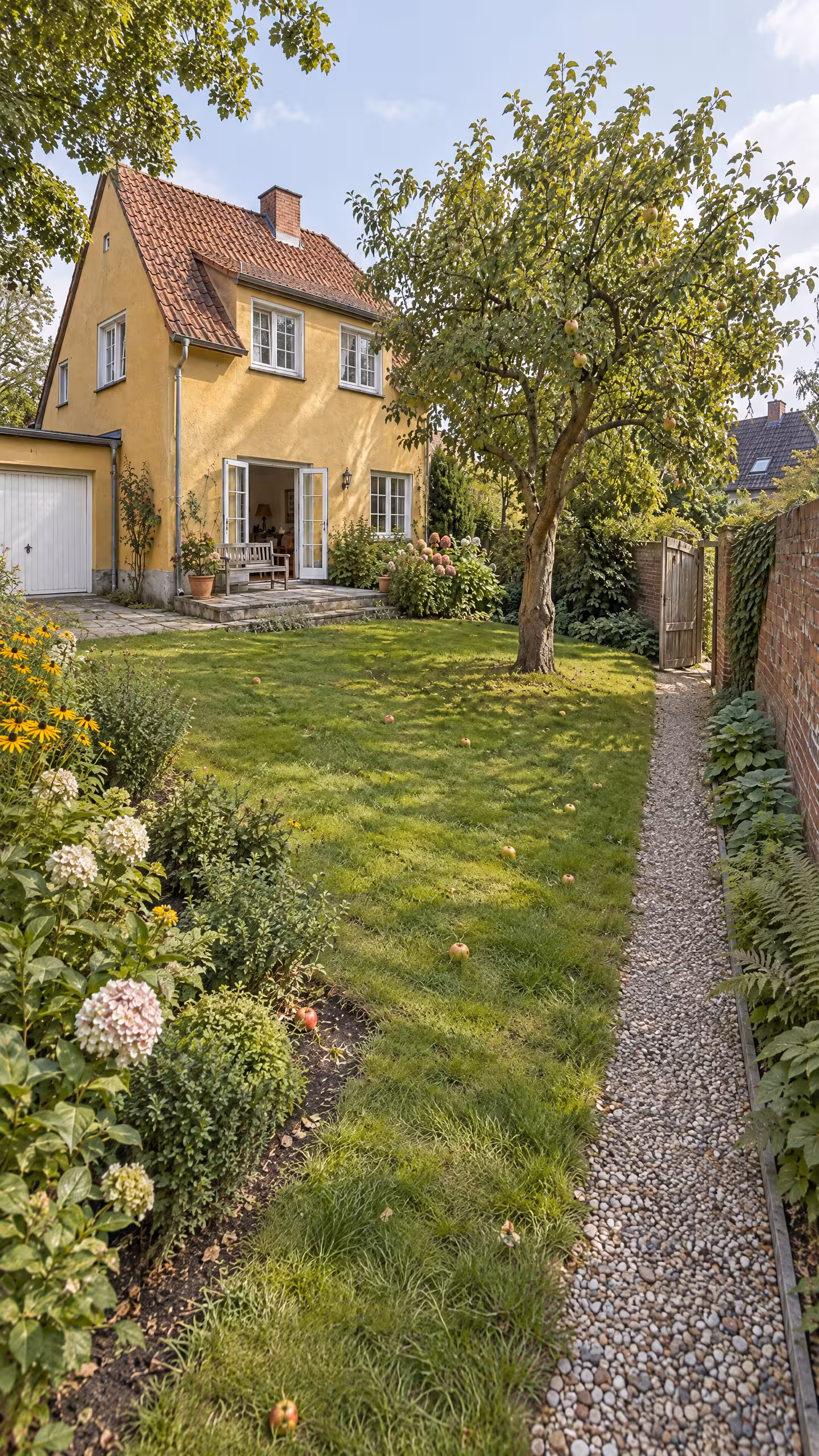 Dieselbe illustrative Gartenseite im Hochformat: Haus mit Terrasse und Garage oben, Apfelbaum im Garten und ein Kiesweg zum Gartentor unten.