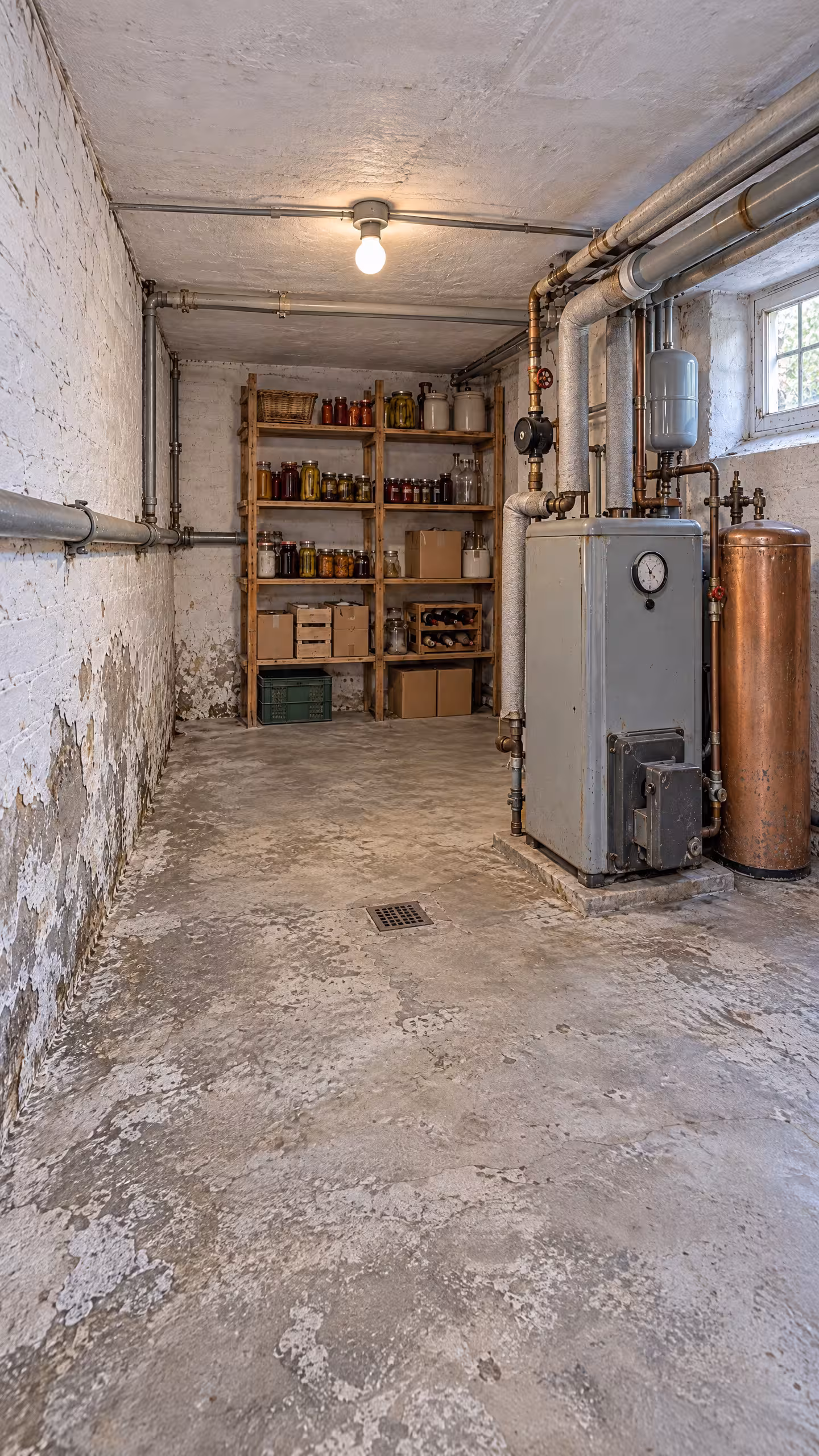 Derselbe illustrative Keller im Hochformat: feuchte Stelle an der Wand, alte Rohre, Heizkessel und Warmwasserspeicher.