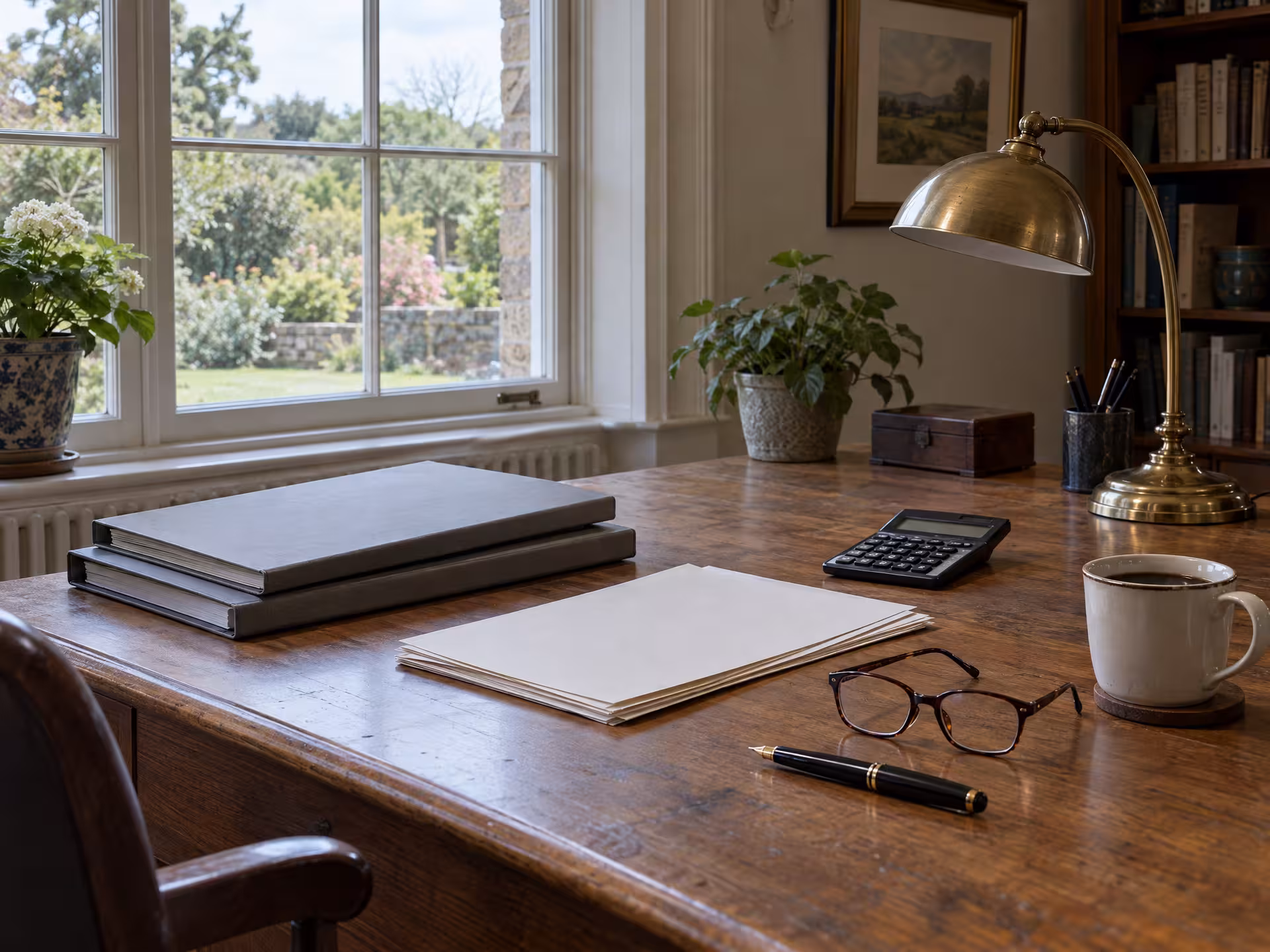 Illustratives Motiv: ein Schreibtisch mit geschlossenen Ordnern, Taschenrechner, Brille und Kaffeetasse.