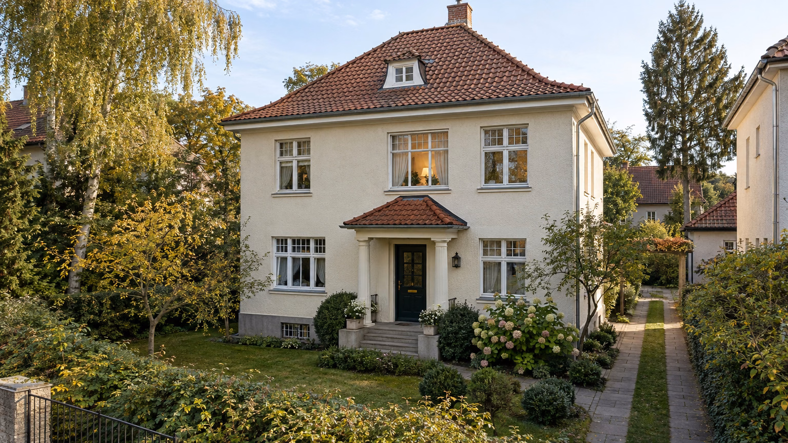 Illustrative Stadtvilla mit Walmdach und Garten als Grundlage der fachlichen Prüfschritte.