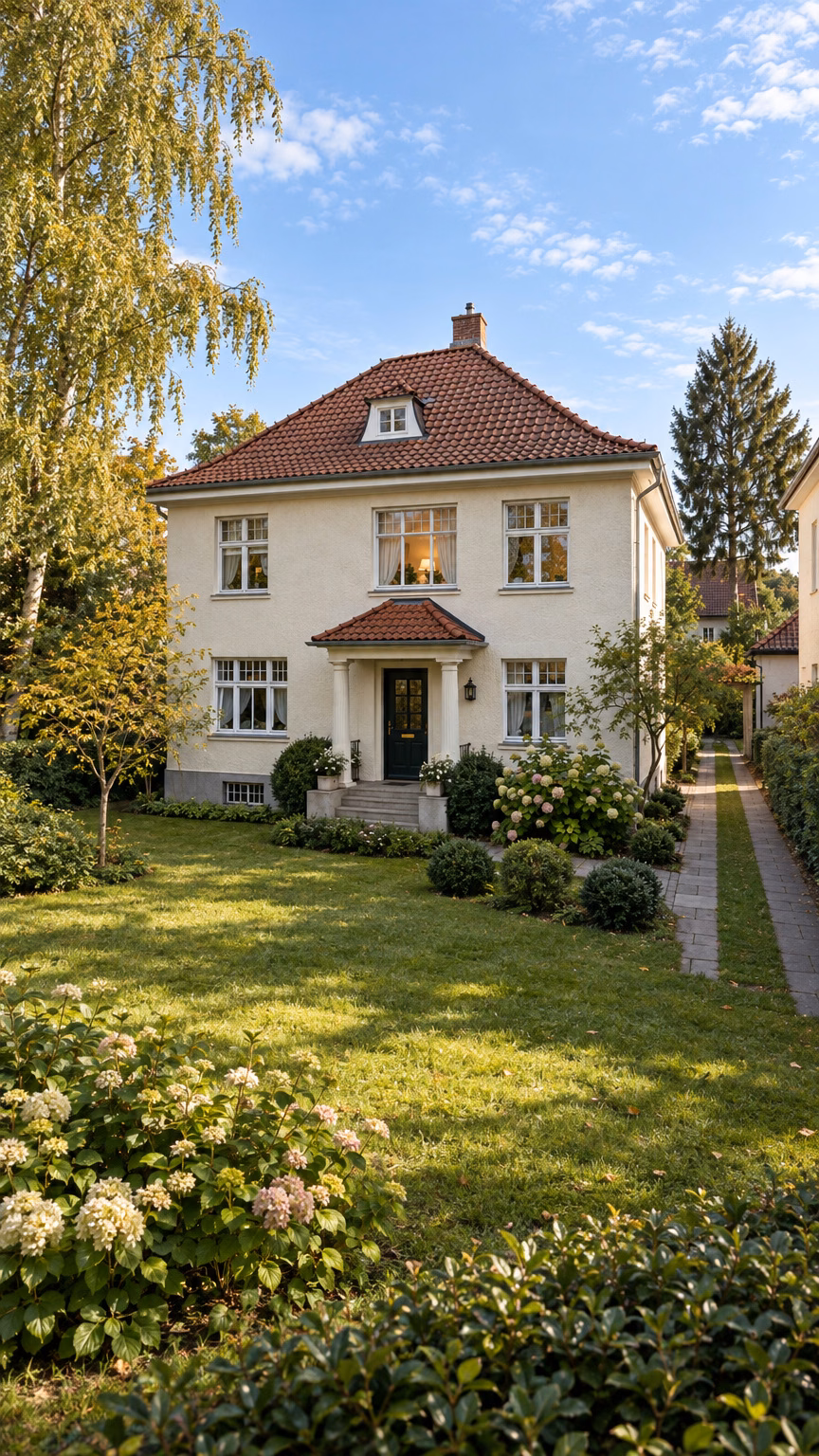 Illustrative Stadtvilla mit Walmdach und Garten in hochkantem Bildaufbau.