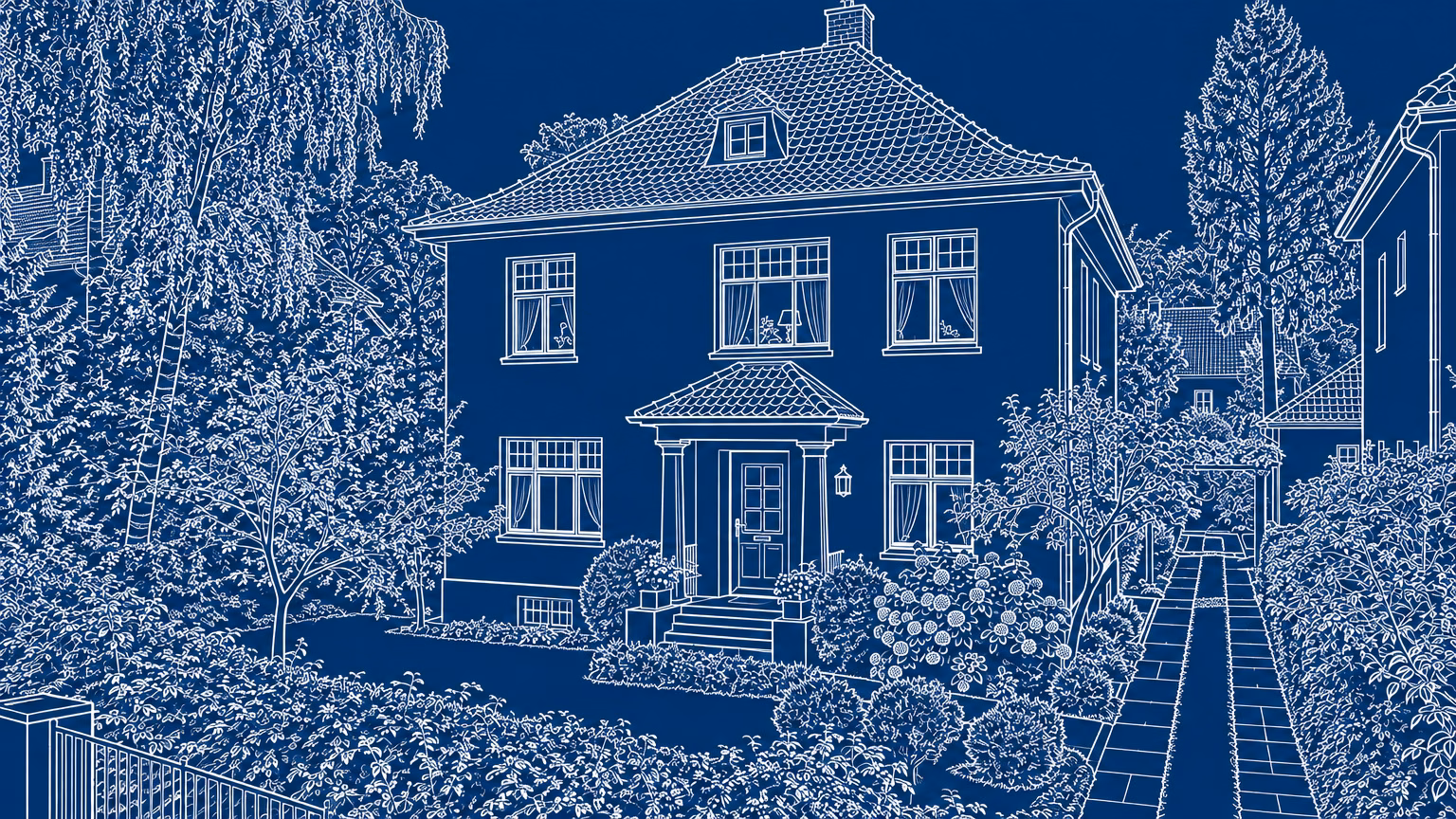Weiße Architekturzeichnung der Stadtvilla für die geplante Überblendung.