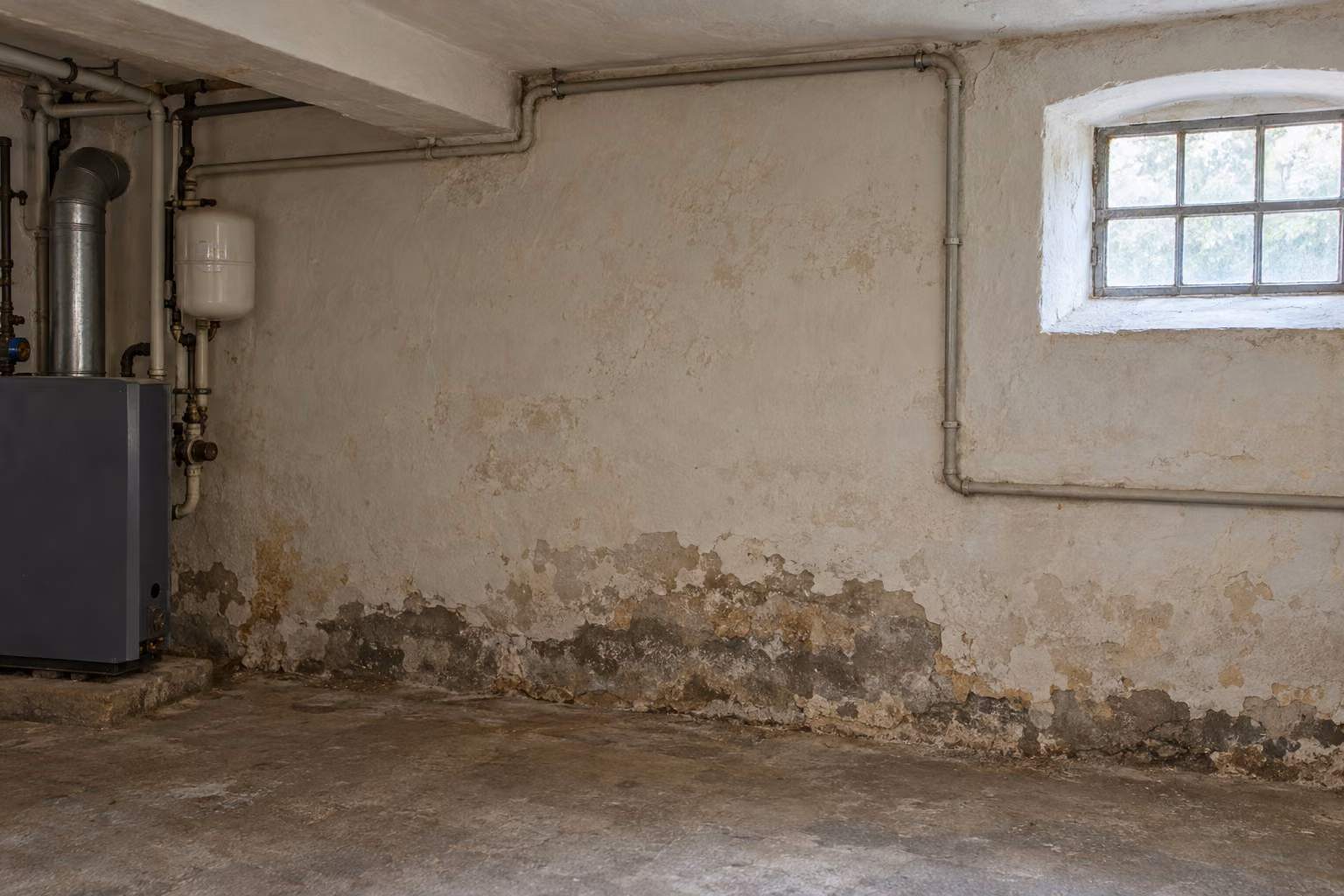 Kellerwand mit örtlichen Feuchtigkeitsspuren und älteren Heizungsrohren.