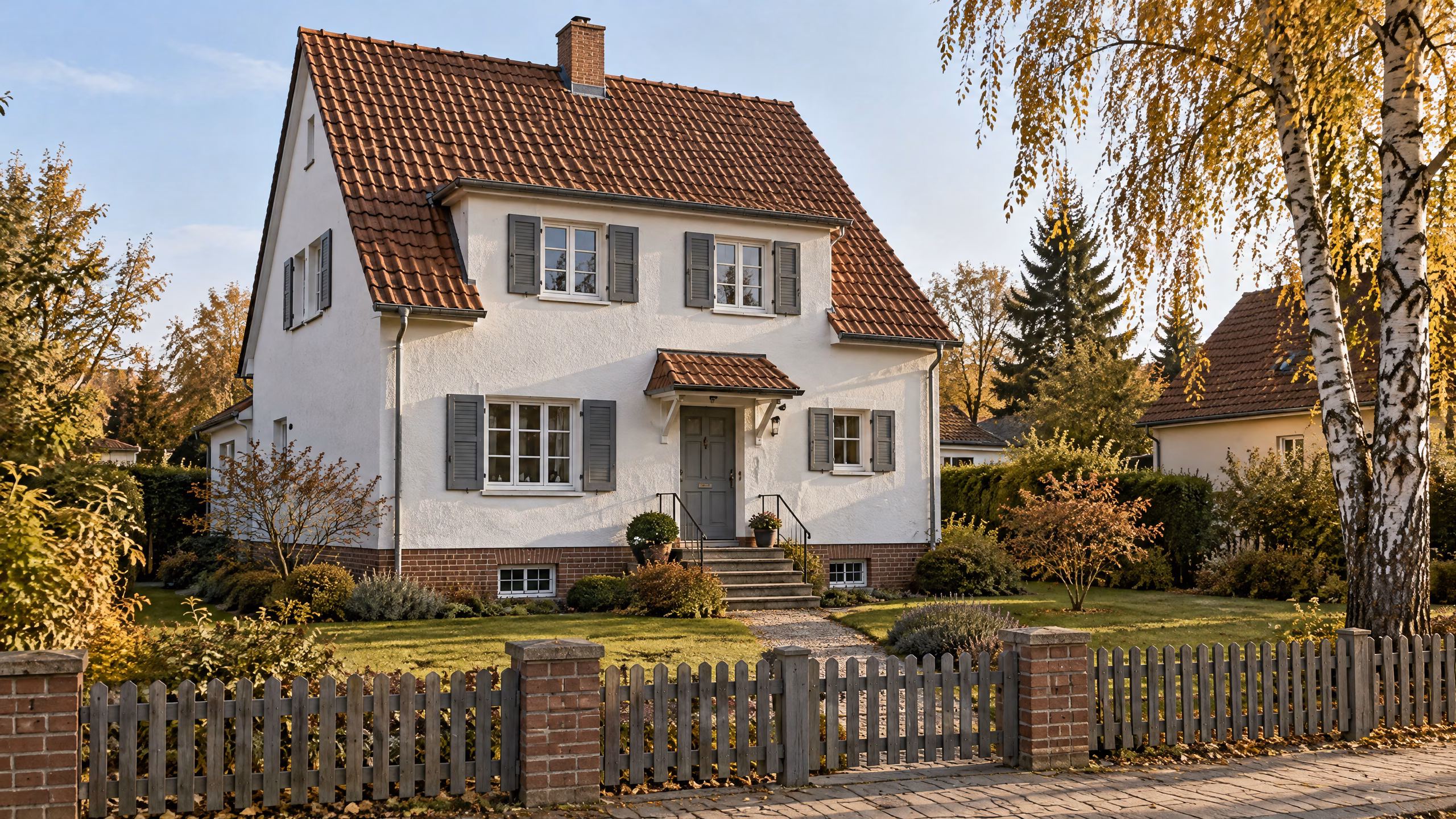 Illustratives Einfamilienhaus aus den 1960er Jahren mit weißem Putz, Ziegeldach, Kellerfenstern am Sockel und gepflegtem Vorgarten.