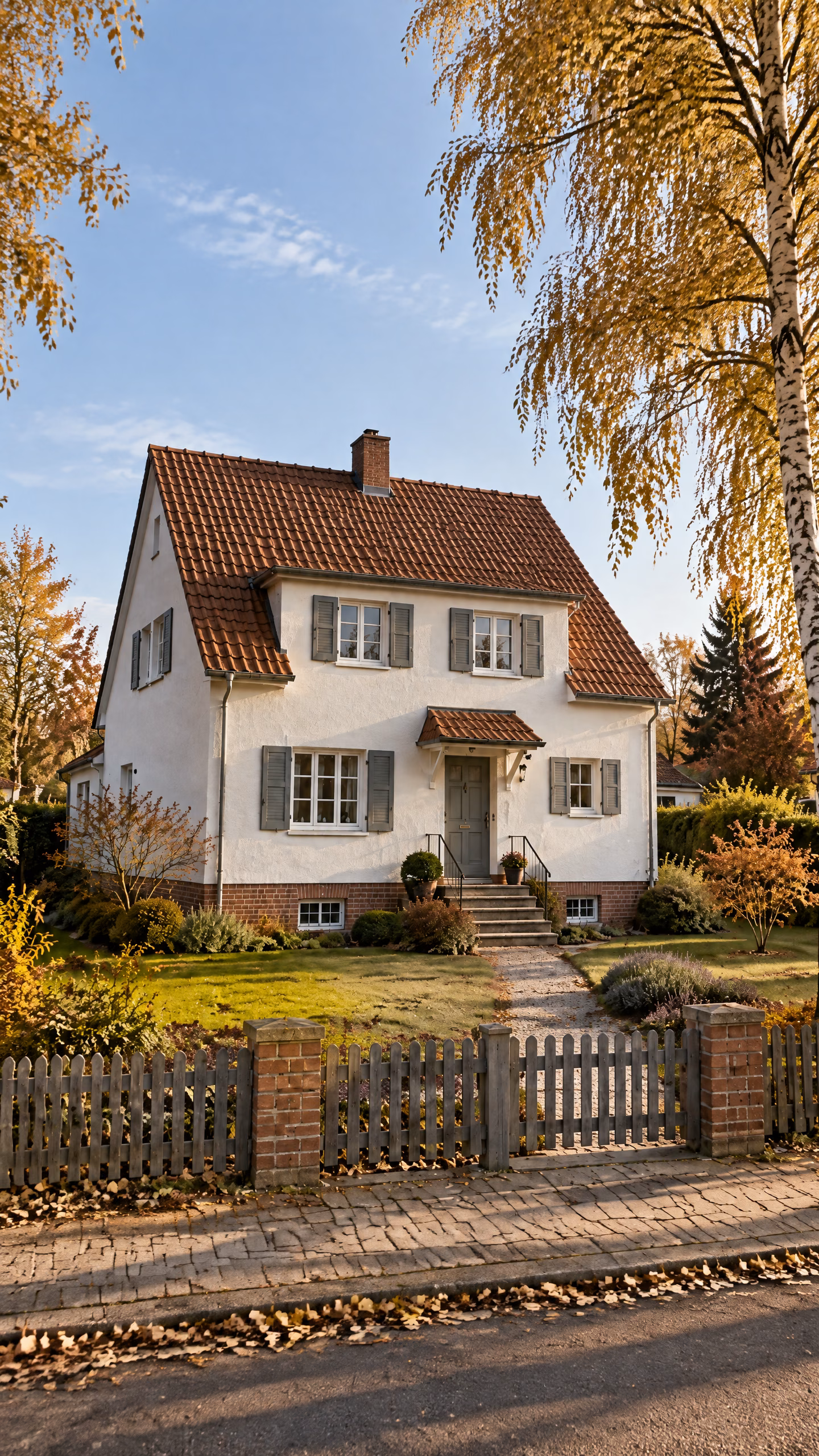 Dasselbe illustrative Einfamilienhaus im Hochformat: weißer Putz, Ziegeldach, Kellerfenster am Sockel und Vorgarten.