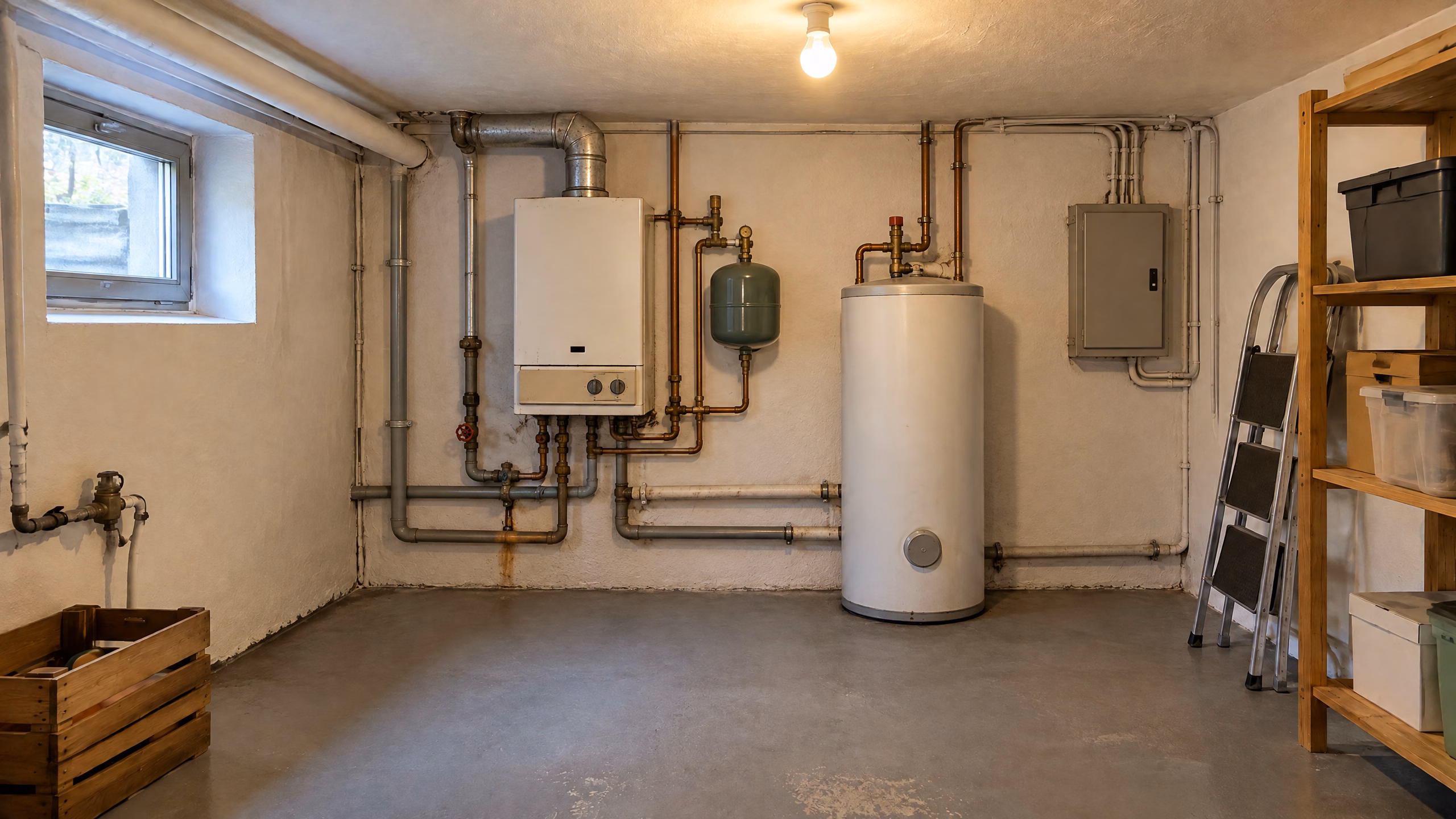 Illustrativer Heizungsraum: Gastherme, Warmwasserspeicher und alte Leitungen, die in Wand und Decke verschwinden.