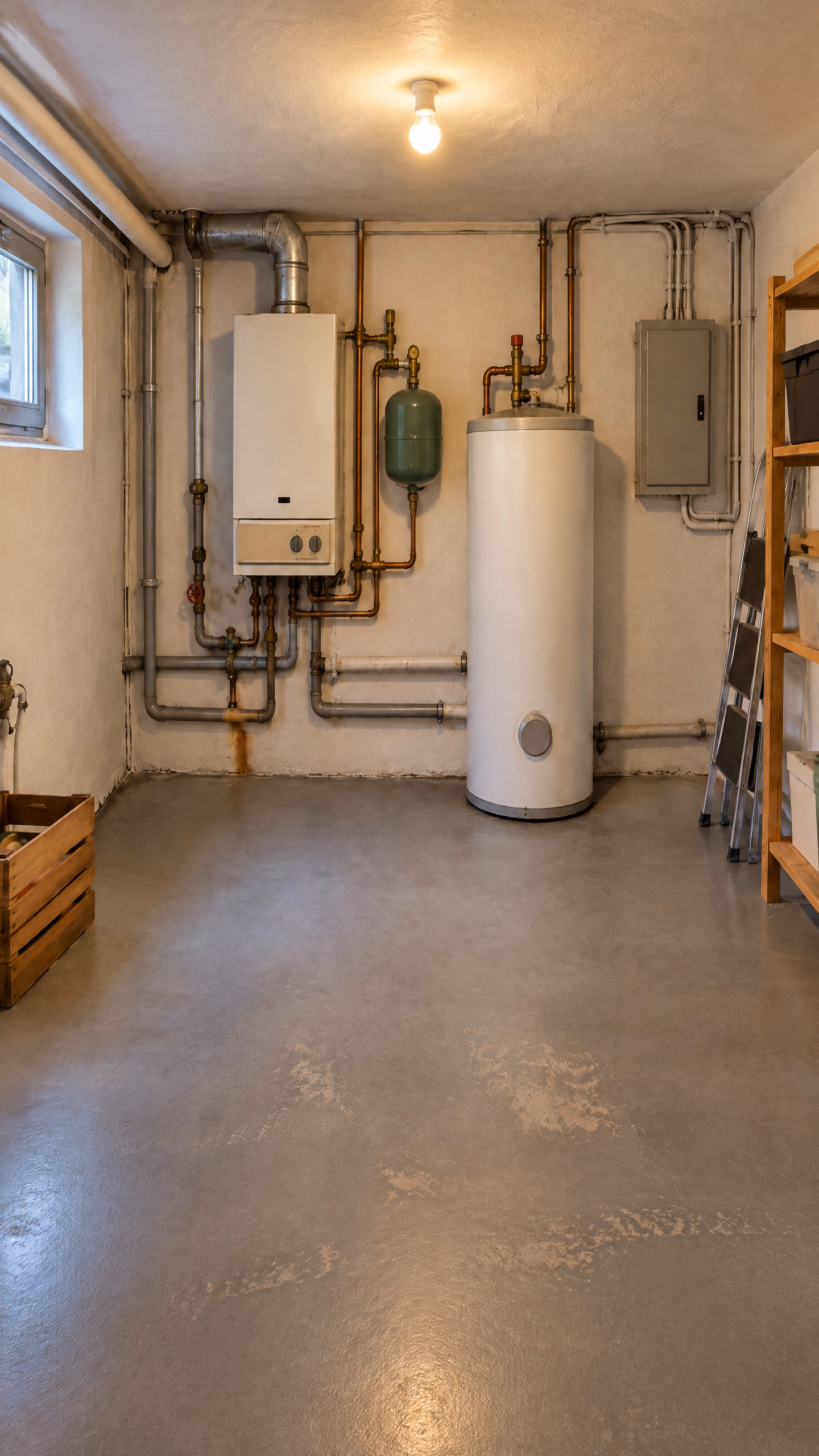 Derselbe illustrative Heizungsraum im Hochformat: Gastherme, Warmwasserspeicher und Leitungen an der Wand.