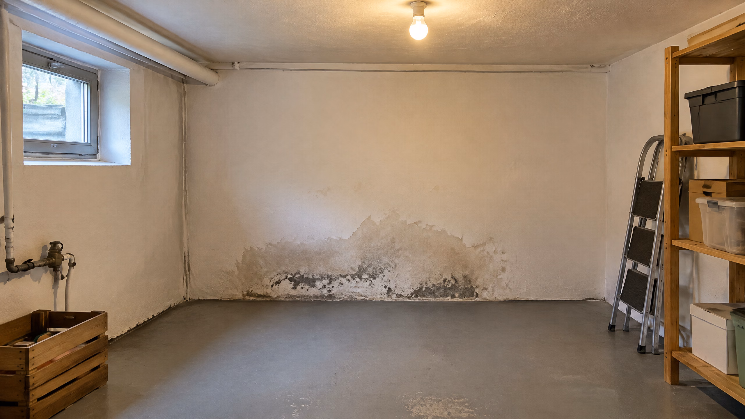 Illustrativer Keller desselben Hauses: feuchter Fleck mit abplatzendem Putz und schwarzen Pünktchen unten an der Wand.