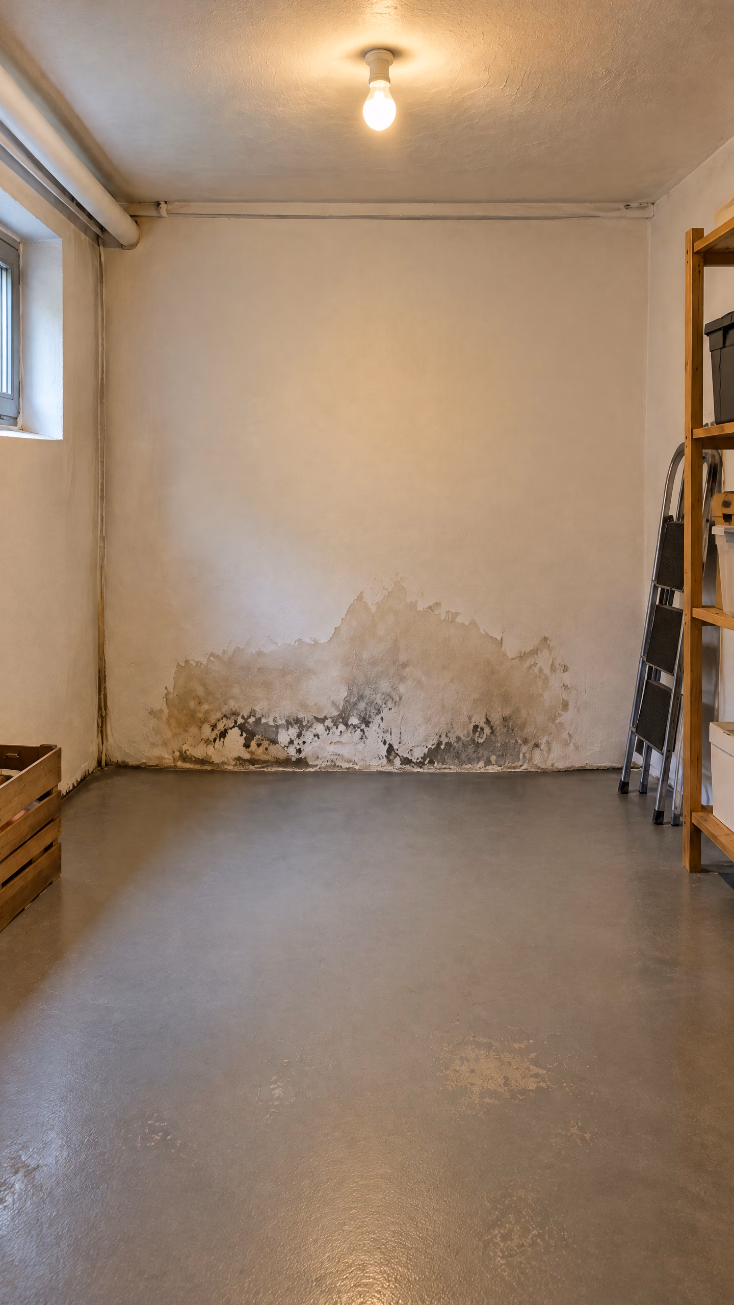 Derselbe illustrative Keller im Hochformat: feuchter Fleck mit abplatzendem Putz unten an der Wand.