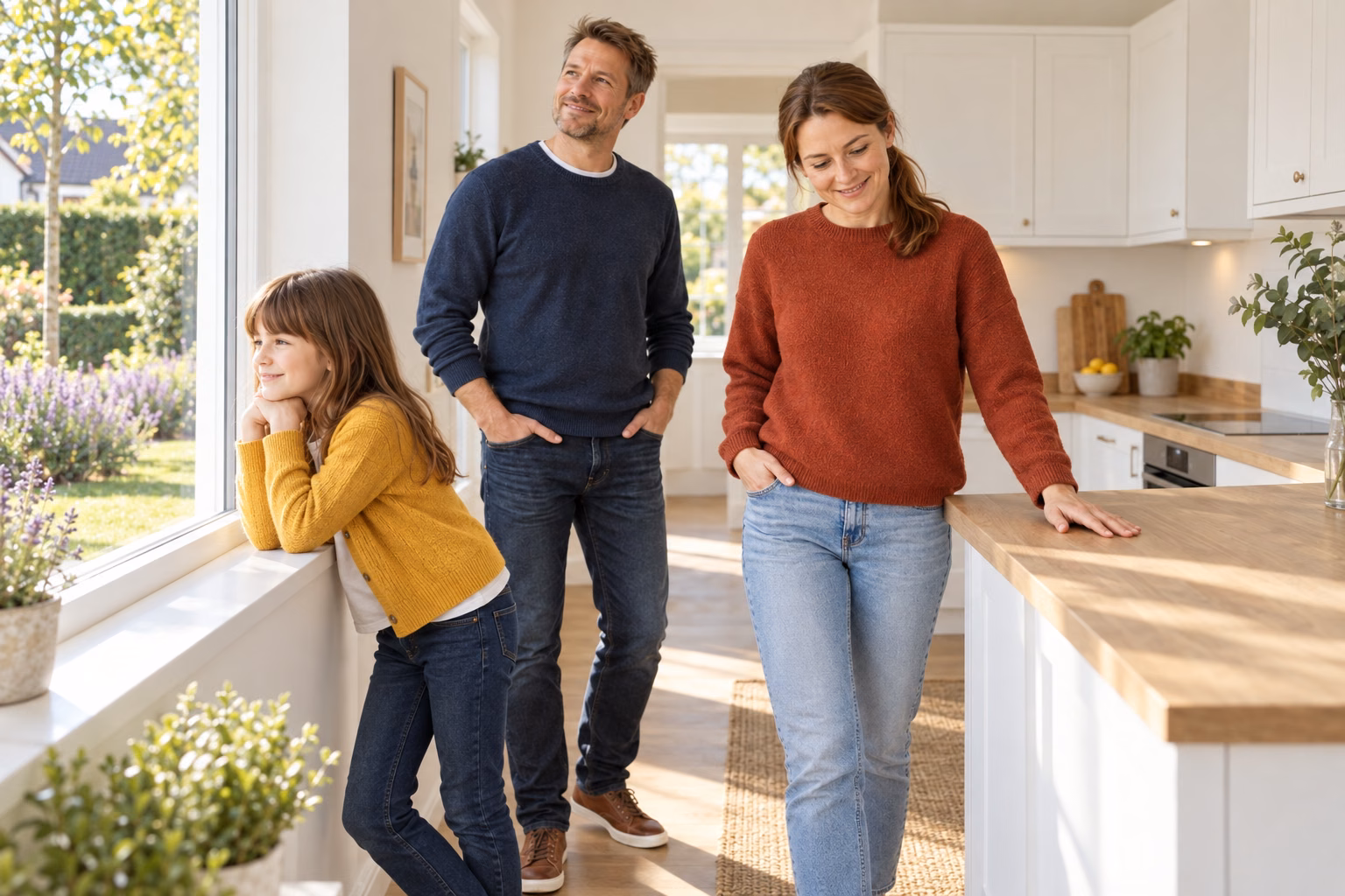 Illustrative Szene: Eine Familie besichtigt ein Haus und freut sich in der hellen Küche, draußen liegt der gepflegte Vorgarten.