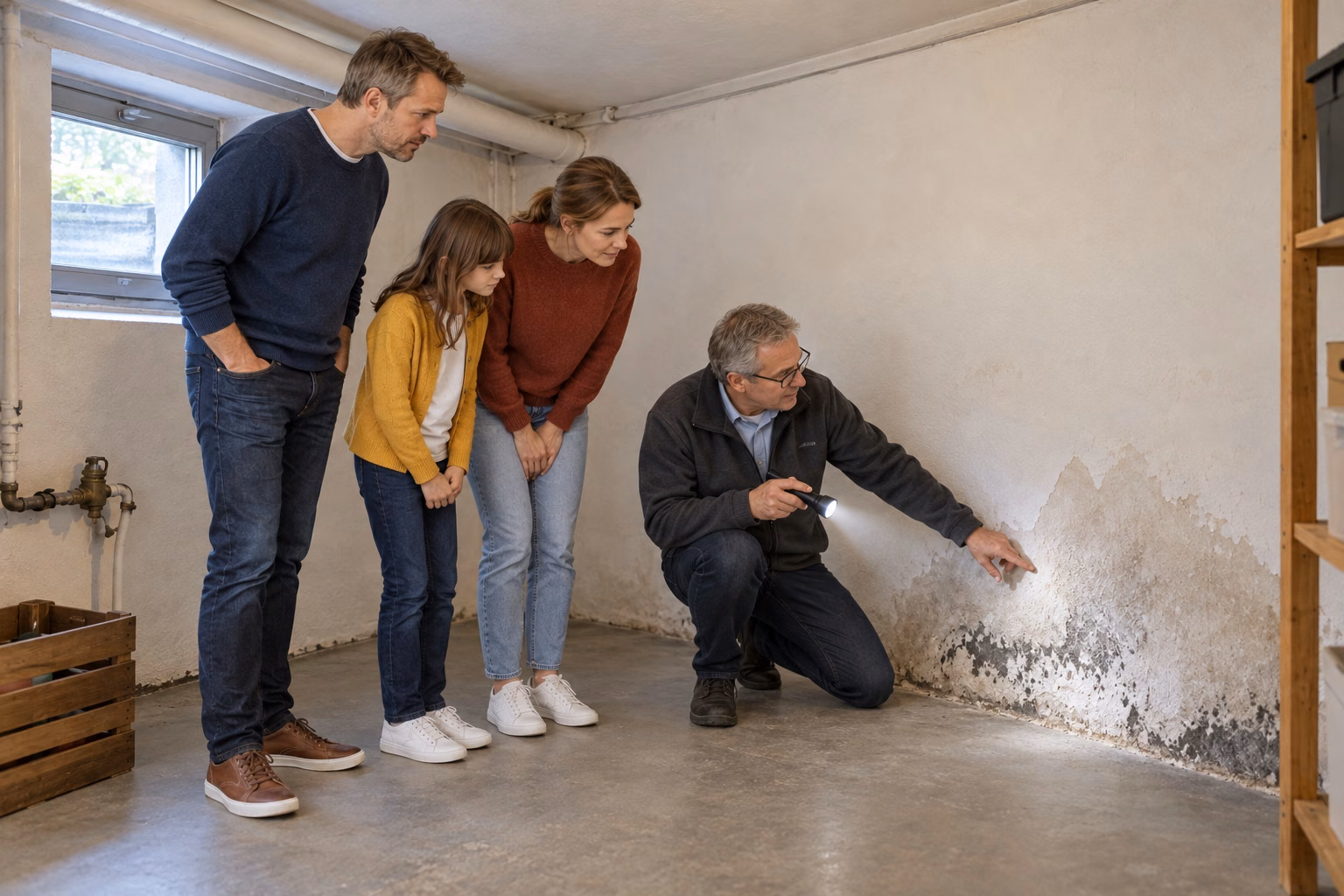 Illustrative Szene: Vor dem Kauf zeigt ein Gutachter der Familie mit der Taschenlampe den feuchten Fleck an der Kellerwand.