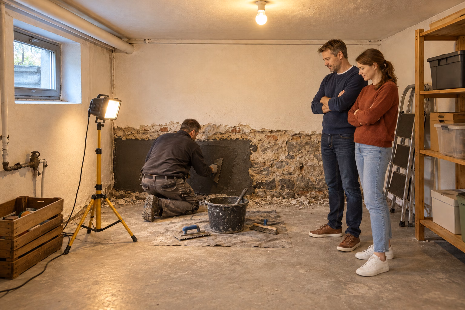 Illustrative Szene: Ein Handwerker trägt im Keller eine neue Abdichtung auf, das Paar sieht nachdenklich zu.