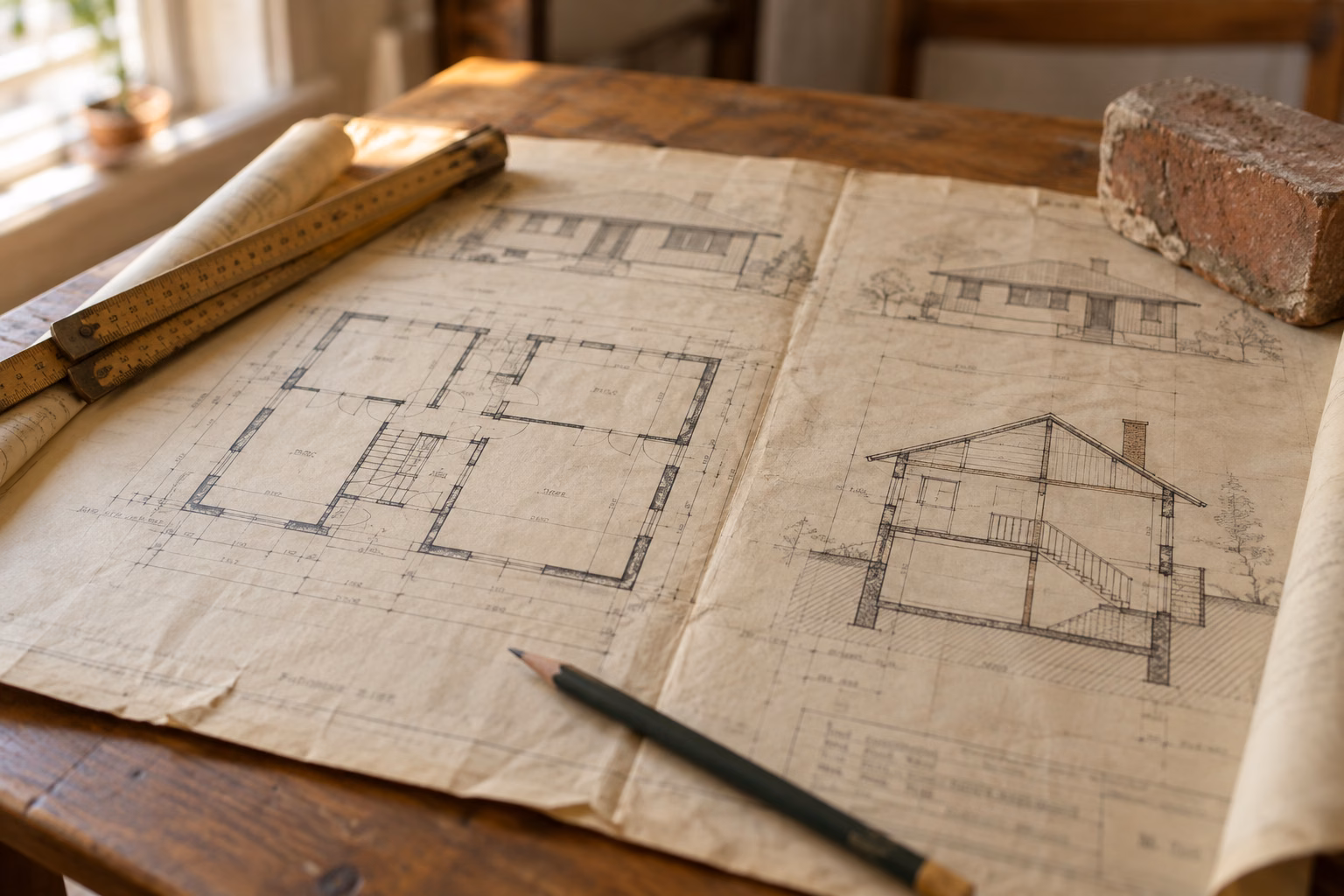 Alter Bauplan eines Einfamilienhauses mit Grundriss und Schnitt, daneben Zollstock, Bleistift und ein Ziegelstück.