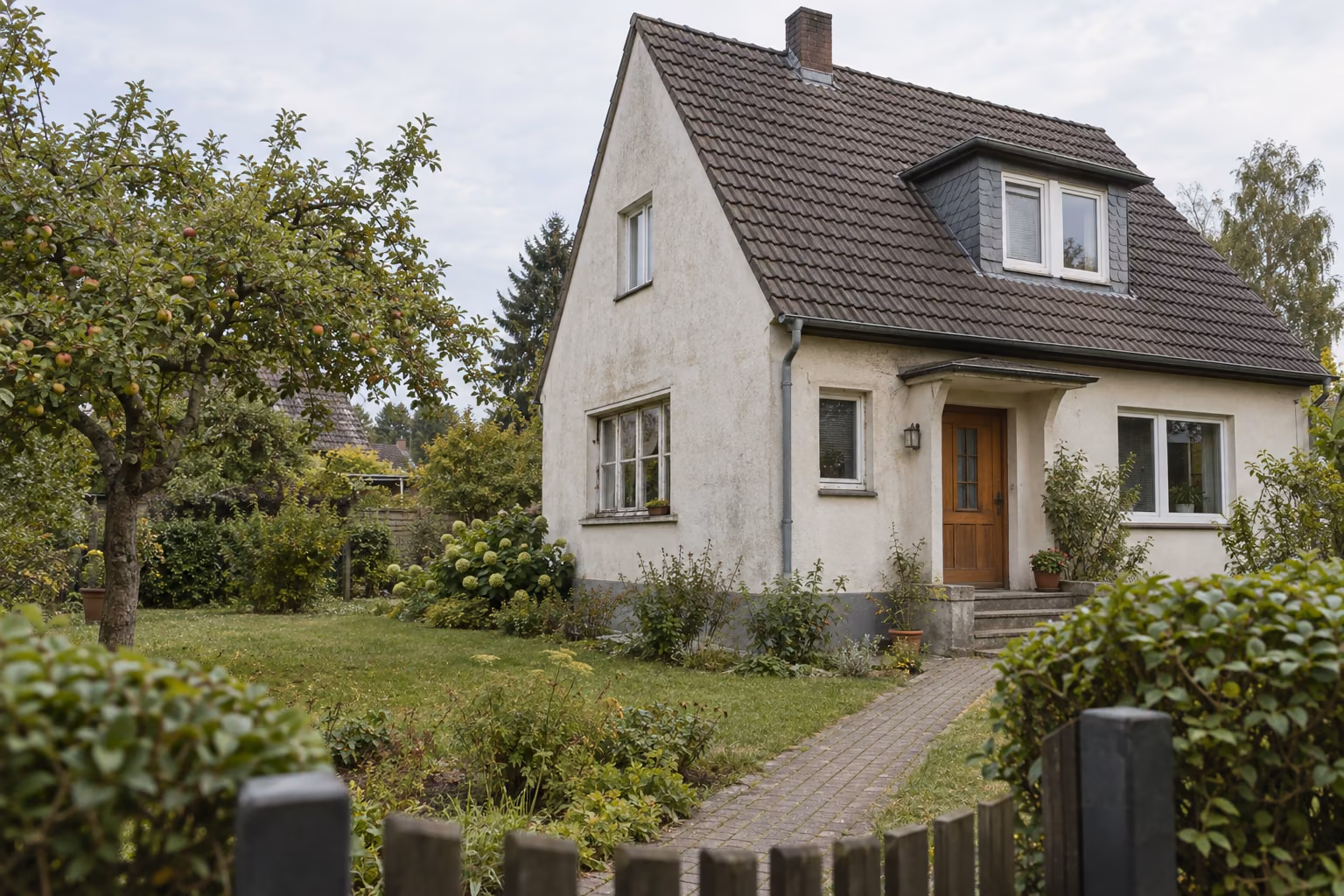 Älteres Einfamilienhaus mit steilem Ziegeldach und Garten, vom Gartentor aus gesehen.