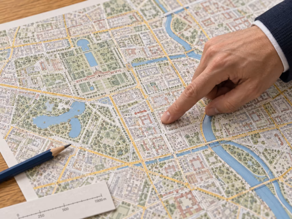 Stadtplan von Charlottenburg in Nahaufnahme, ein Finger zeigt auf einen Block