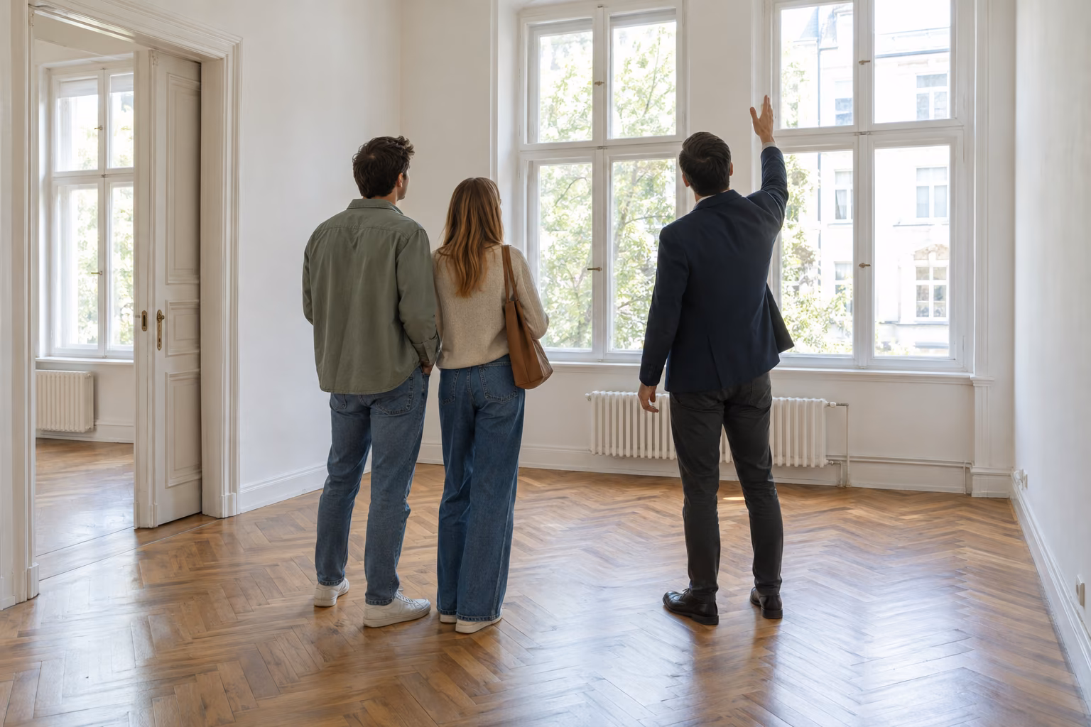 Gestellte Szene: Ein Paar und ein Fachmann stehen bei einer Besichtigung vor einem hohen Altbaufenster.