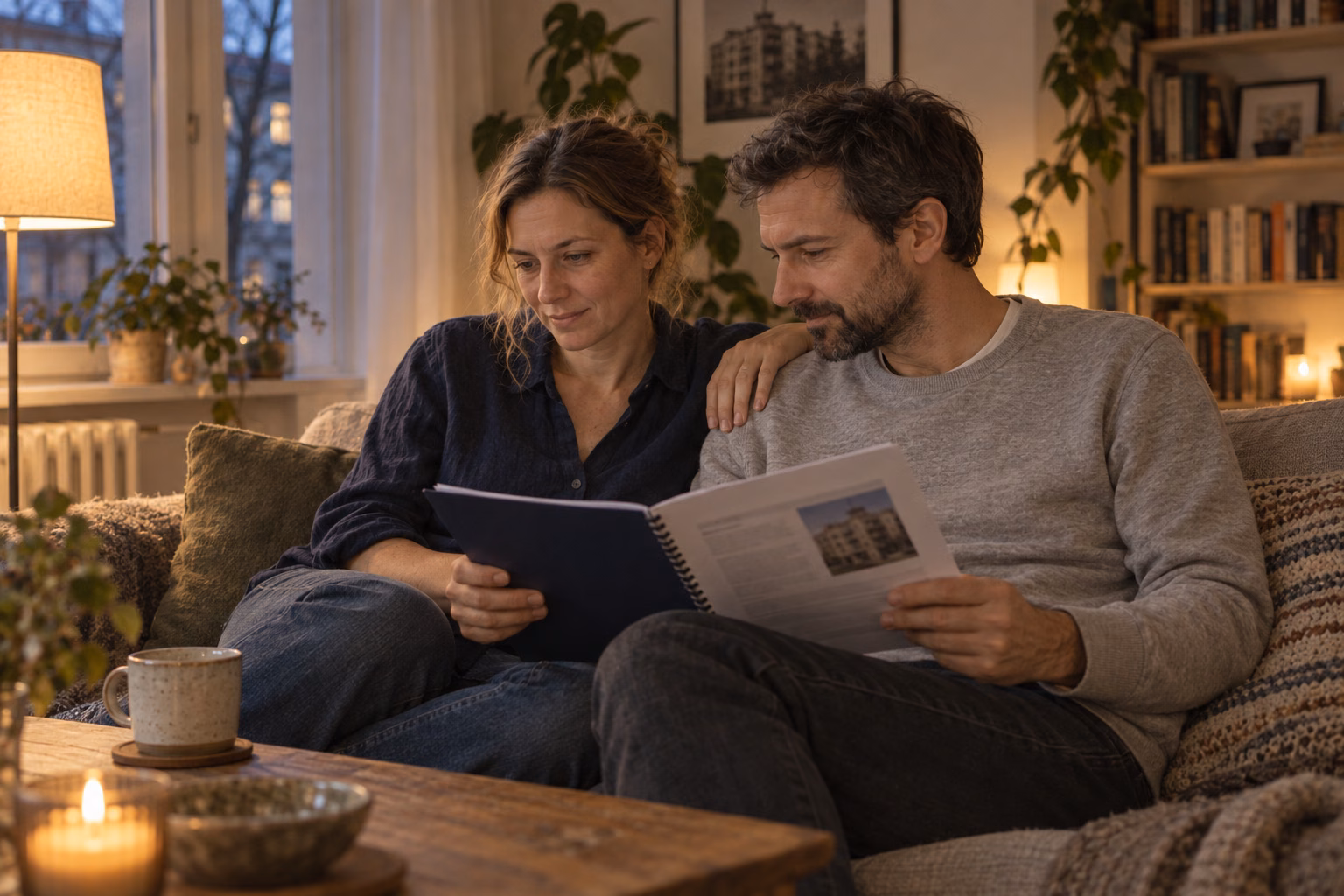 Gestellte Szene: Ein Paar sitzt abends auf dem Sofa und liest gemeinsam in einem gebundenen Bericht.
