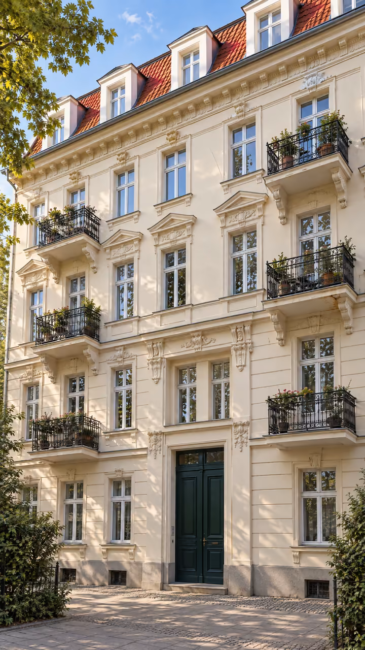 Gepflegtes Berliner Mietshaus aus der Zeit um 1905 mit heller Fassade, Balkonen und rotem Mansarddach.