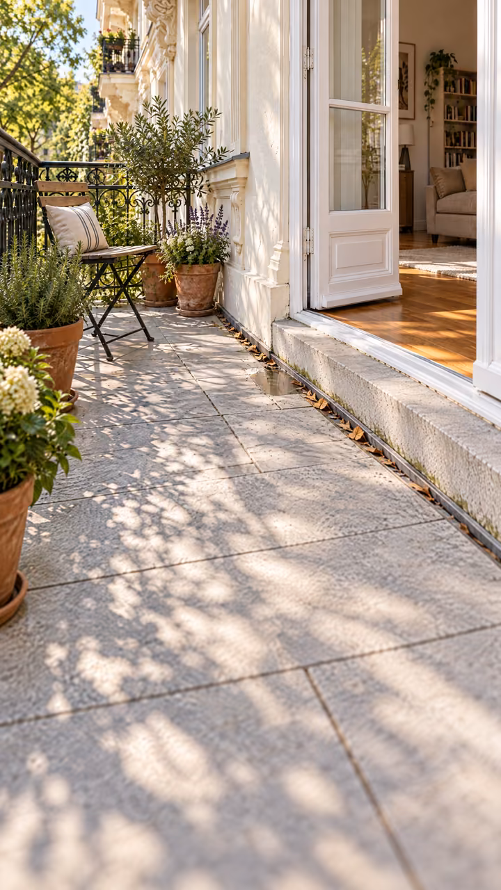 Balkon mit Steinplatten, Pflanzkübeln und offener Balkontür; an der Türschwelle steht etwas Wasser in der Rinne.