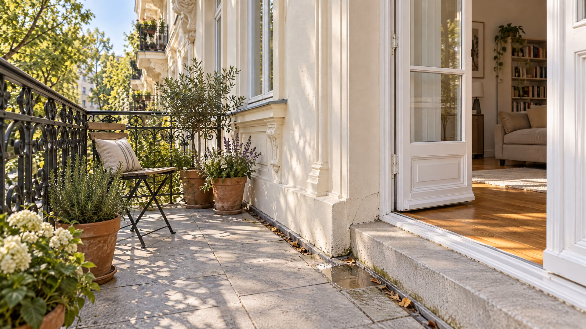 Balkon mit Steinplatten, Pflanzkübeln und offener Balkontür; an der Türschwelle steht etwas Wasser in der Rinne.