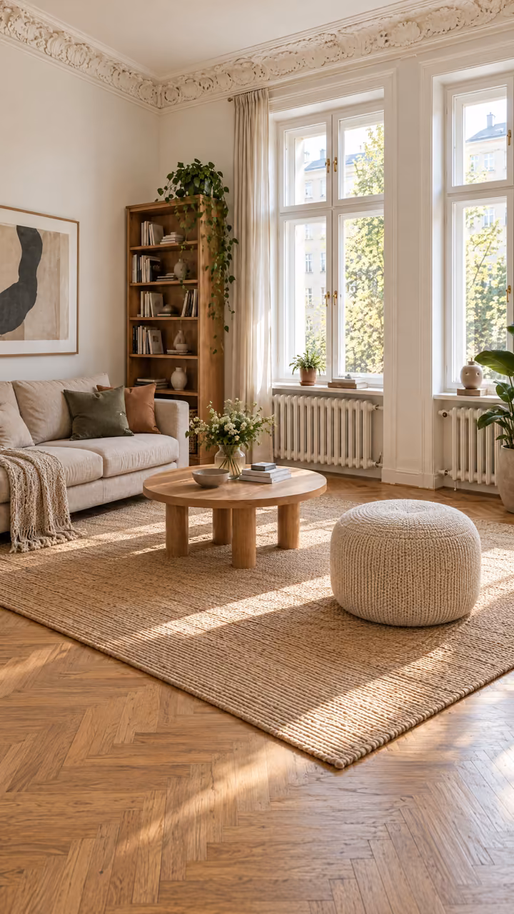 Helles, eingerichtetes Wohnzimmer der Altbauwohnung mit zwei hohen Kastenfenstern.