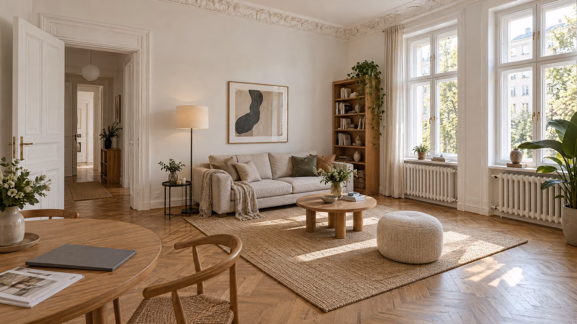 Helles, eingerichtetes Wohnzimmer der Altbauwohnung mit zwei hohen Kastenfenstern.