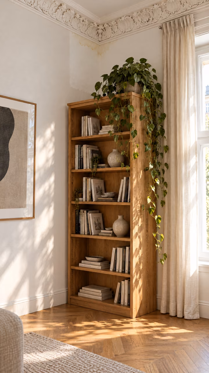 Zimmerecke mit Bücherregal, Stuck und Fenster; über dem Regal eine frisch gestrichene Fläche.