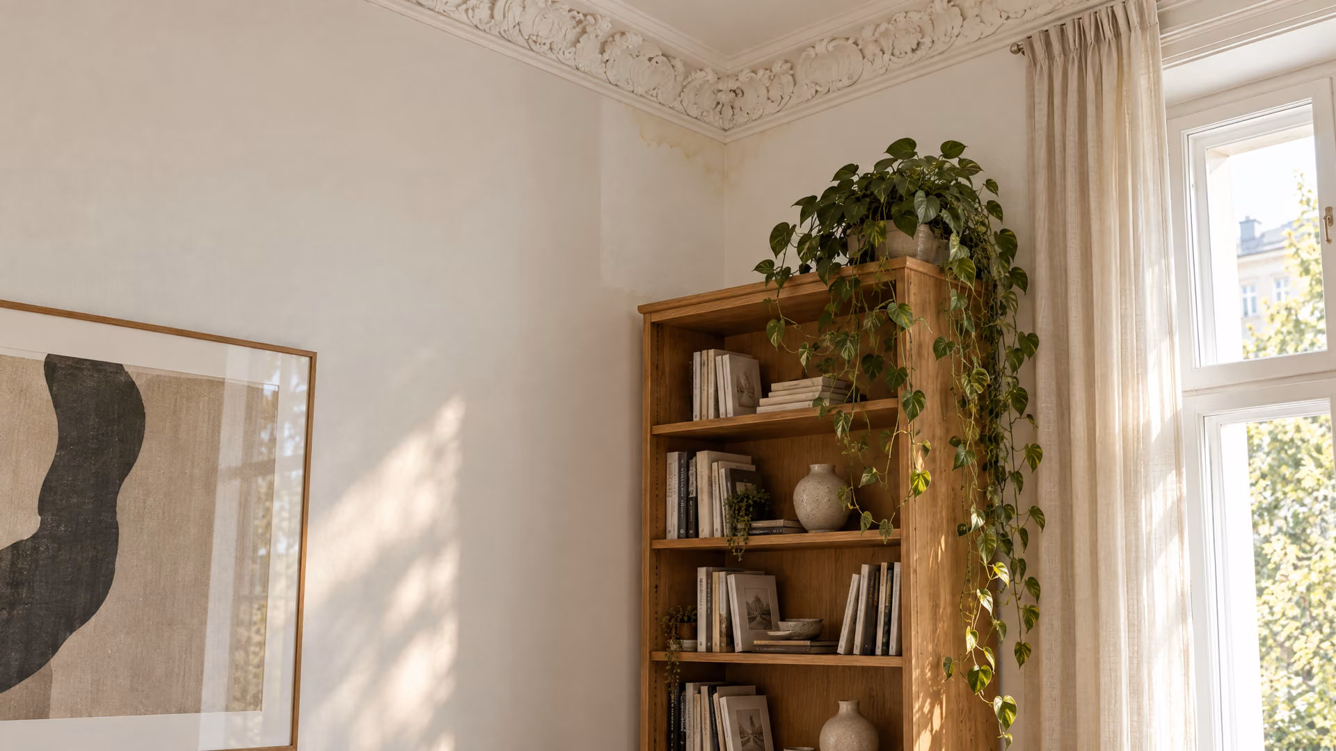 Zimmerecke mit Bücherregal, Stuck und Fenster; über dem Regal eine frisch gestrichene Fläche.
