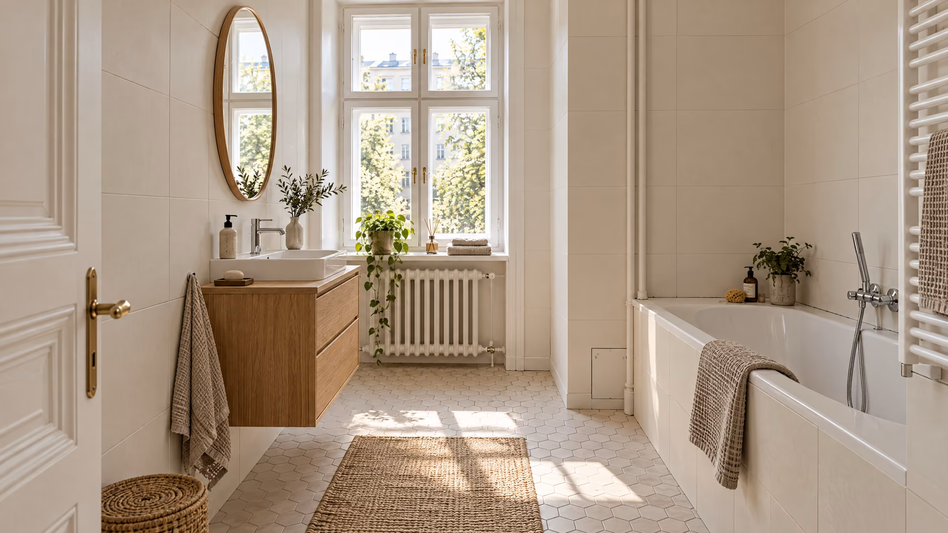 Neu gefliestes Altbaubad mit Holzwaschtisch, rundem Spiegel und Wanne.
