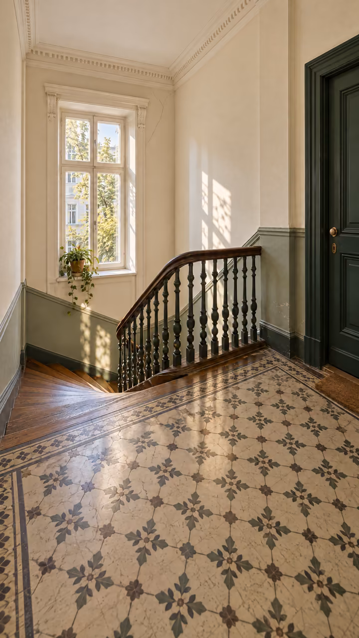 Treppenabsatz mit Holzgeländer, Fliesenboden, Fenster und grüner Wohnungstür.