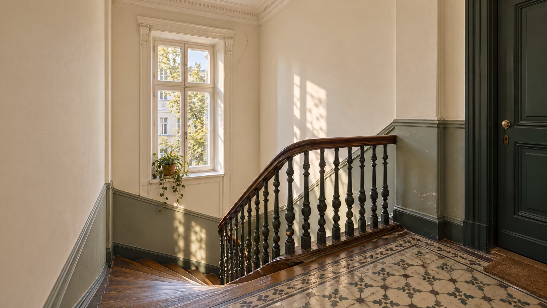 Treppenabsatz mit Holzgeländer, Fliesenboden, Fenster und grüner Wohnungstür.