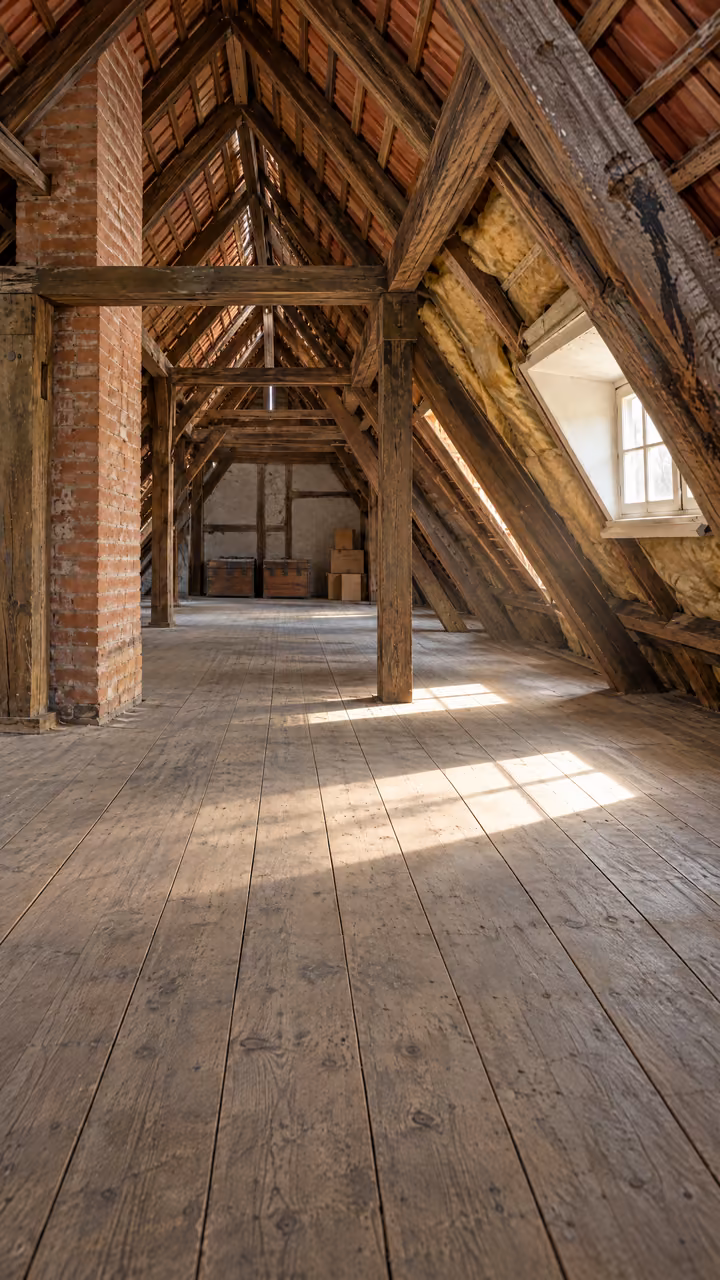 Unausgebauter Dachboden mit altem Holzdachstuhl, gemauertem Schornstein, Gaube und Dämmung zwischen den Sparren.