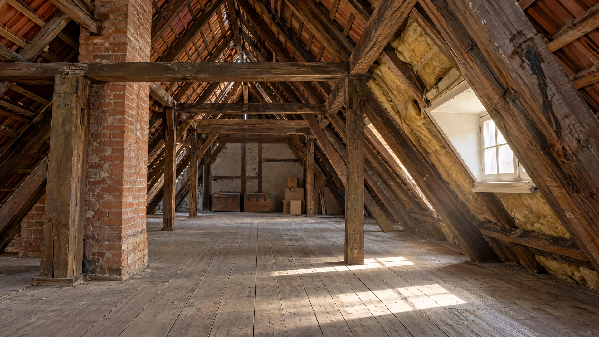 Unausgebauter Dachboden mit altem Holzdachstuhl, gemauertem Schornstein, Gaube und Dämmung zwischen den Sparren.