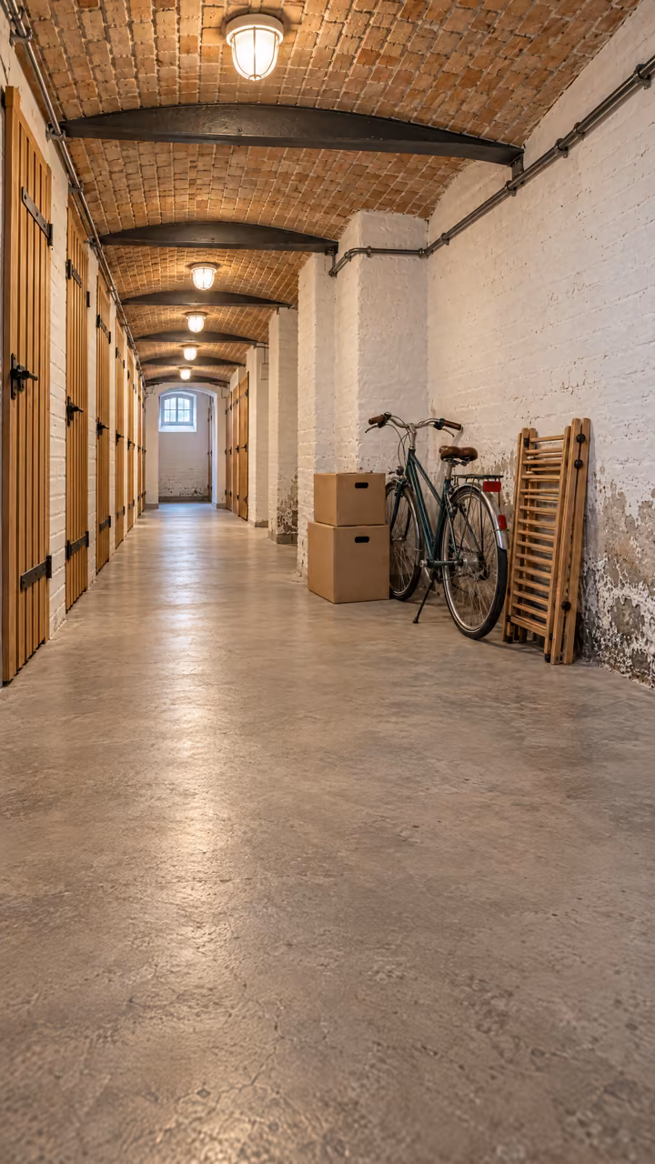 Aufgeräumter Kellergang mit Kappendecke; an der Außenwand Kartons, ein Fahrrad und eine feuchte Stelle.