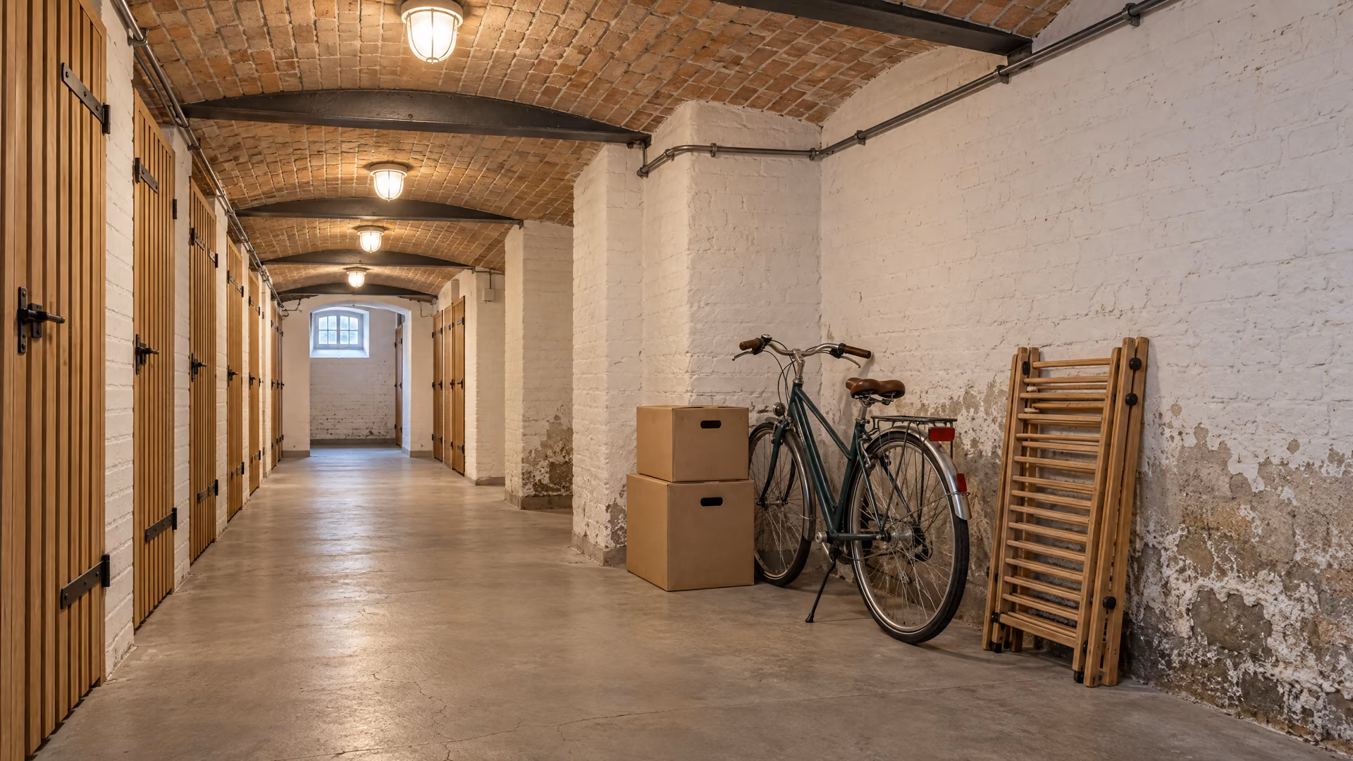 Aufgeräumter Kellergang mit Kappendecke; an der Außenwand Kartons, ein Fahrrad und eine feuchte Stelle.